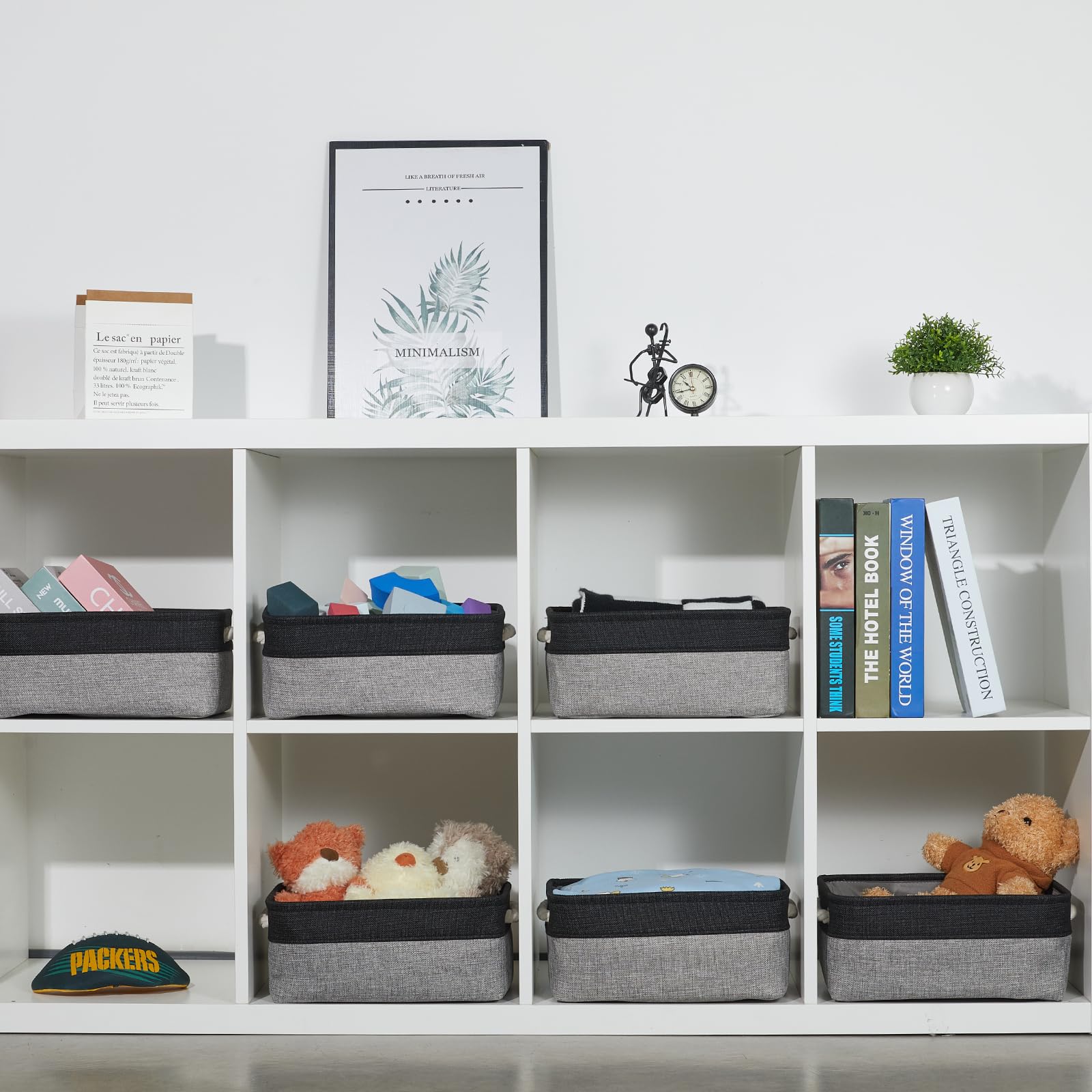 Bidtakay 6 Pack Small Collapsible Storage Baskets - 11.8 x 7.8 x 5 Inch Fabric Canvas Organizer Bins with Handles, Decorative Square Storage Containers for Cabinet, Shelf, Closet Organization (Black & Grey) | Perfect for Bedroom, Bathroom, Nursery & Office Storage Solutions