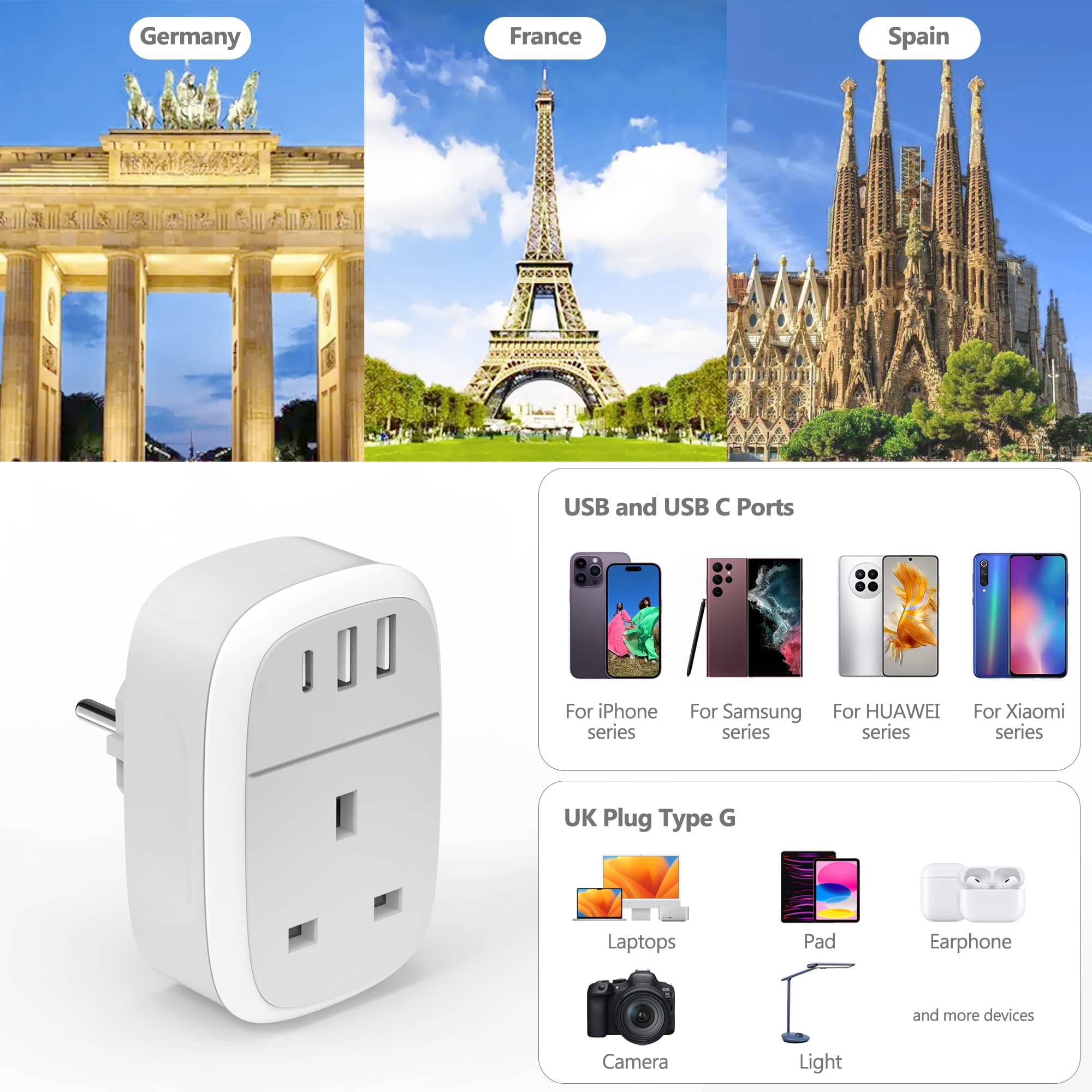 European Travel Plug Adapter - UK to EU Schuko Type E/F with 32W USB-C Fast Charger | Compatible in Germany, France, Spain, Turkey & More | Perfect for Business Trips, Vacations & International Travel