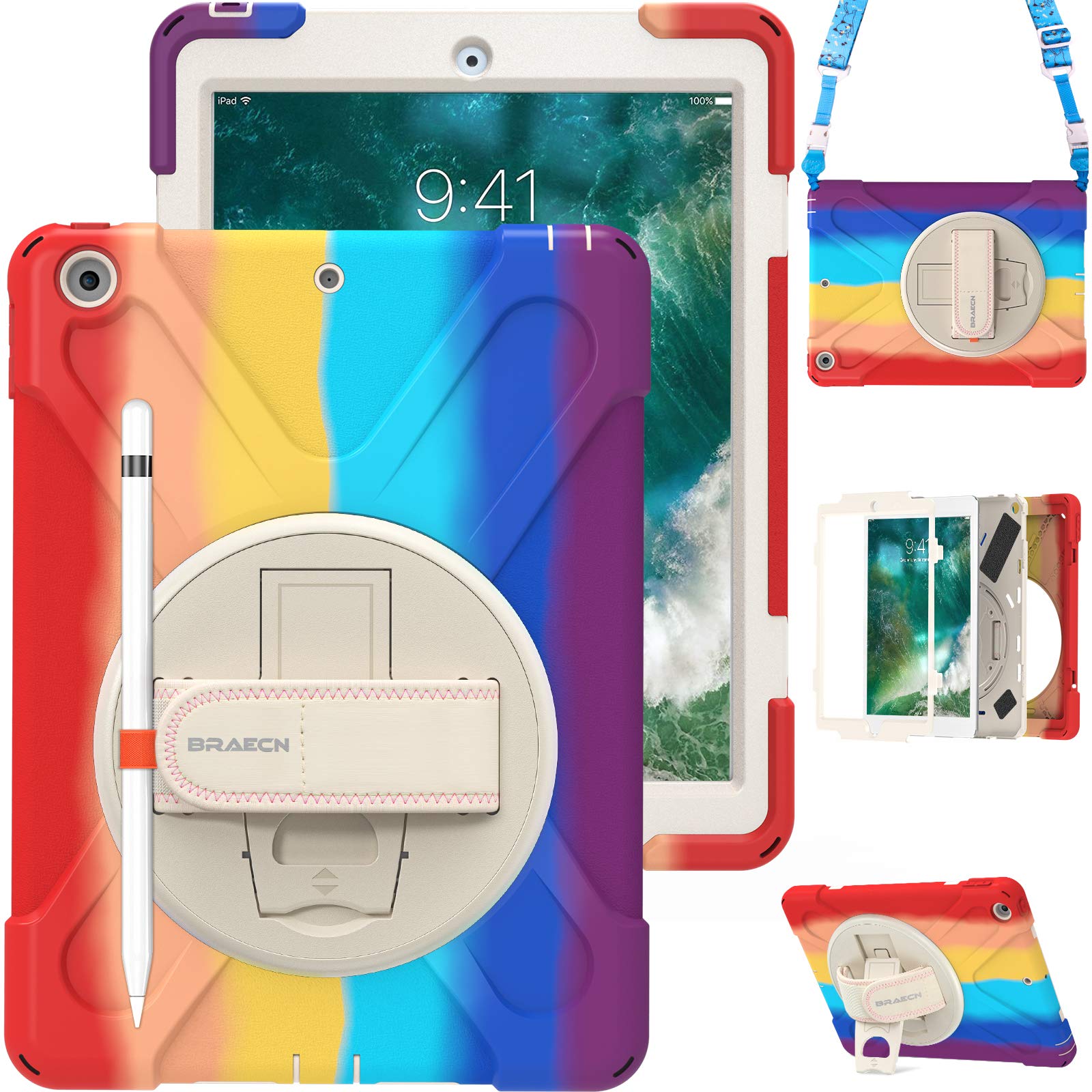 BRAECN Heavy Duty Rugged Kids Case for iPad 9.7 Inch (6th/5th Generation) - Shockproof Protective Cover with Hand Strap, Kickstand, Pencil Holder & Shoulder Strap - Compatible with iPad A1893/A1954/A1822/A1823 (Rainbow) - Perfect for School, Travel & Outdoor Activities