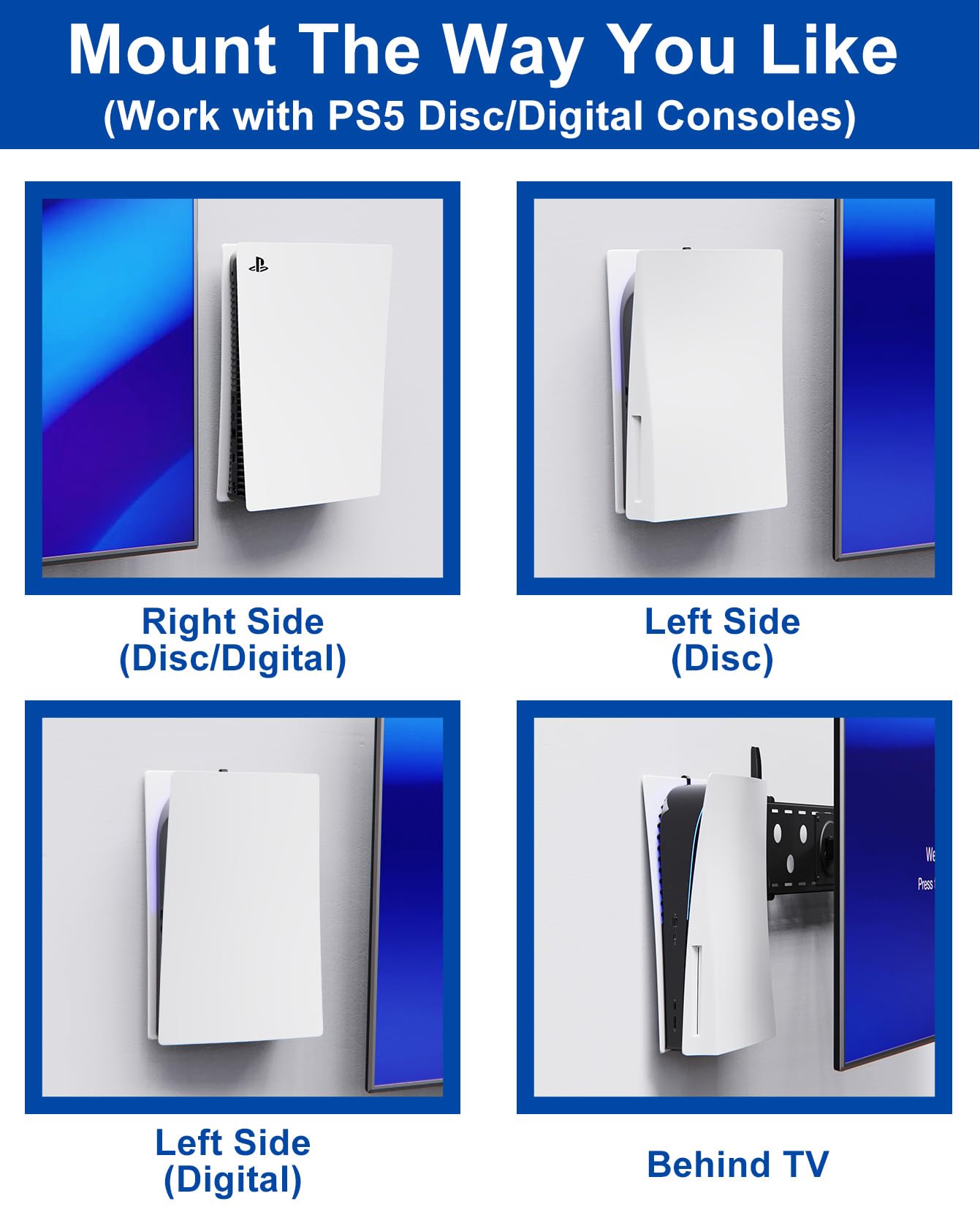 PS5 Wall Mount Bracket for PlayStation 5 Disc & Digital Edition - Invisible Design TV Console Mount with 2 Accessory Holders (Black) - Perfect for Gaming Room Setup & Space Saving Behind TV - Not Compatible with PS5 Slim