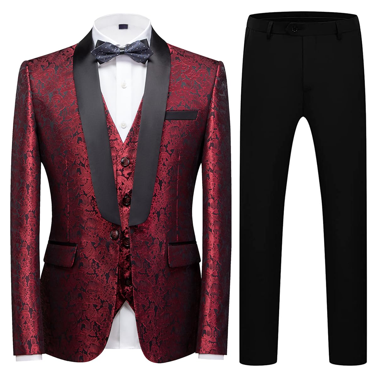 Men's Slim Fit 3-Piece Tuxedo Suit Set - Formal Skinny Fit Shawl Lapel Paisley Wedding Suit | Perfect for Prom, Gala & Black Tie Events