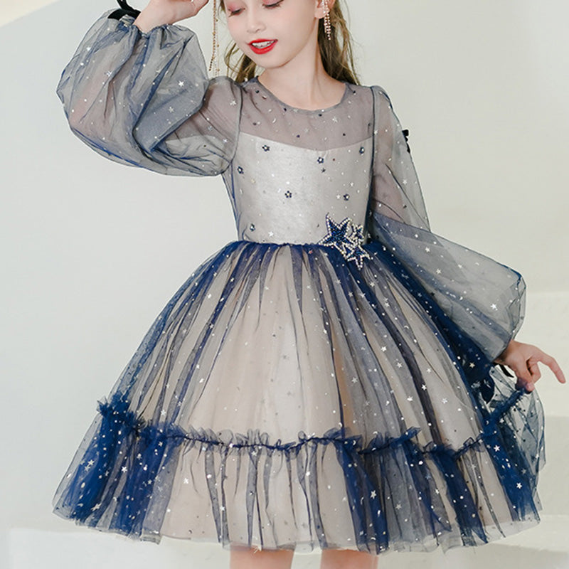 Blue Tulle Princess Knee-Length Flower Girl Dress with Sparkling Sequins - Perfect for Weddings, Birthday Parties & Special Occasions