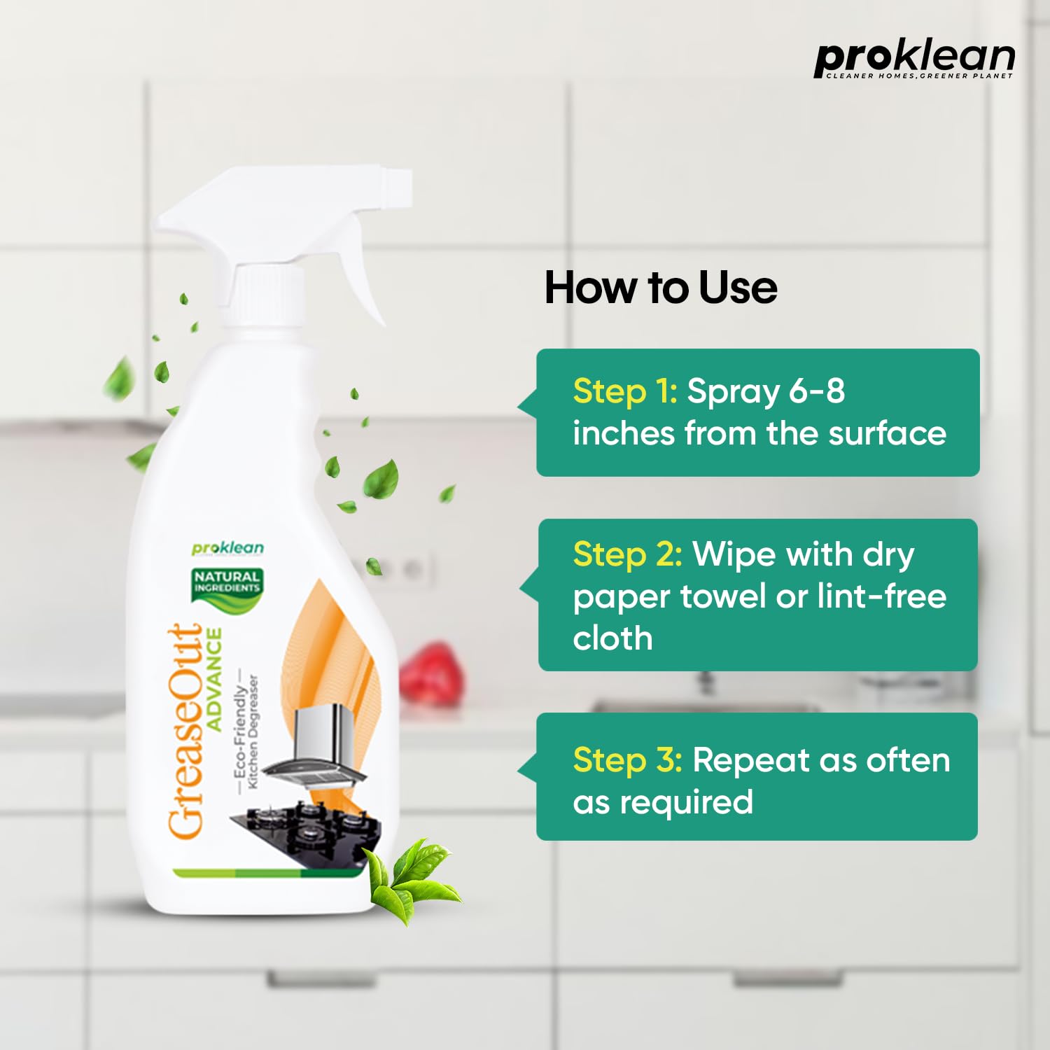Proklean GreaseOut Kitchen Cleaner Spray – 500ml | Natural Degreaser & Oil Stain Remover for Stovetops, Countertops, Grills, Gas Stoves | Eco-Friendly Non-Toxic Kitchen Cleaning Spray | Multi-Surface Cleaner for Chimneys, Exhaust Fans, Deep Fryers | Heavy-Duty Stove & Chimney Cleaning Solution (Pack of 2) | Perfect for Daily Kitchen Cleaning & Tough Grease Removal