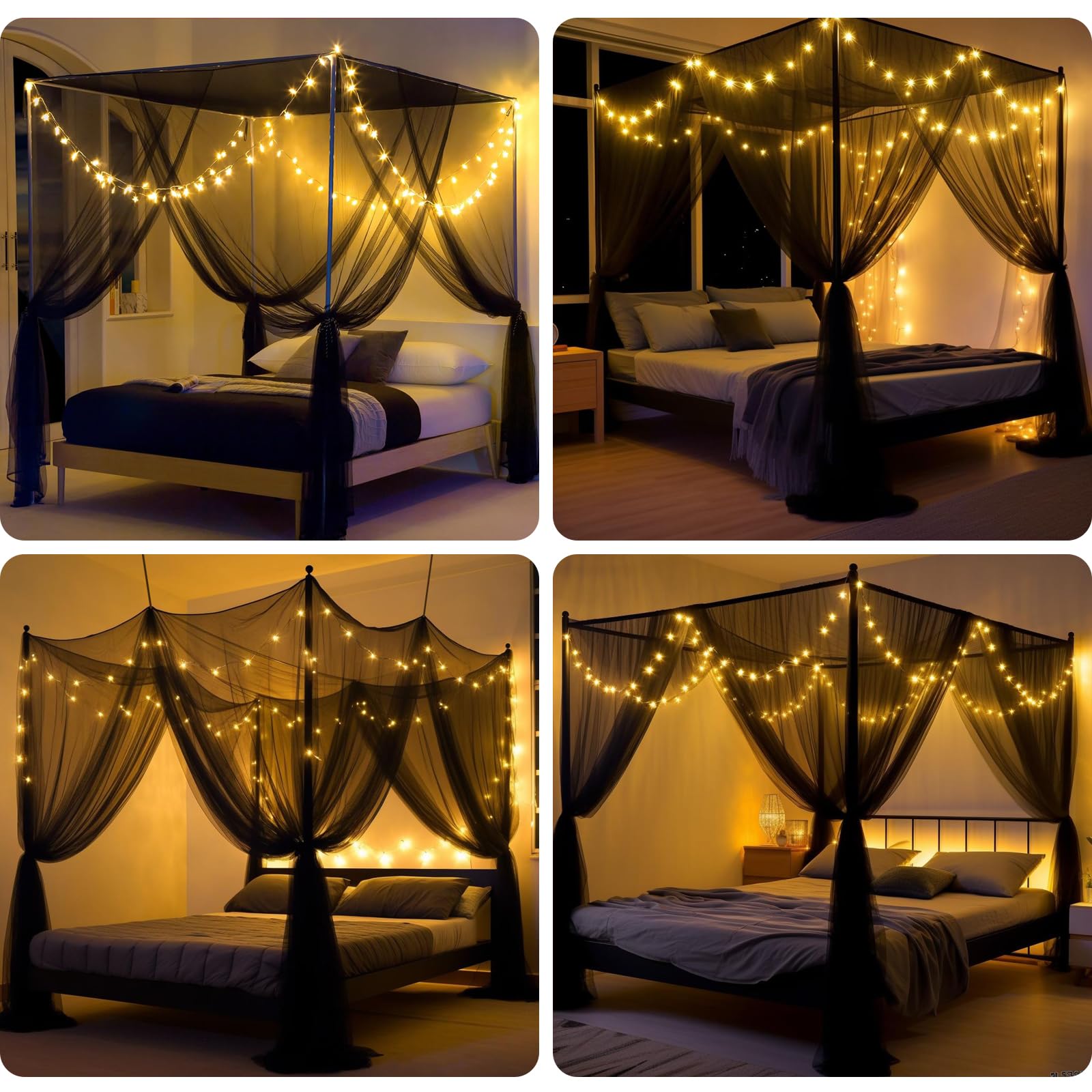 Elegant Mosquito Net Bed Canopy with 200 LED Star Lights - 4 Corner Post Curtains for Full/Queen/King Size Beds | Includes Hooks & Ropes | Perfect for Romantic Bedrooms, Outdoor Camping, and Nursery Protection