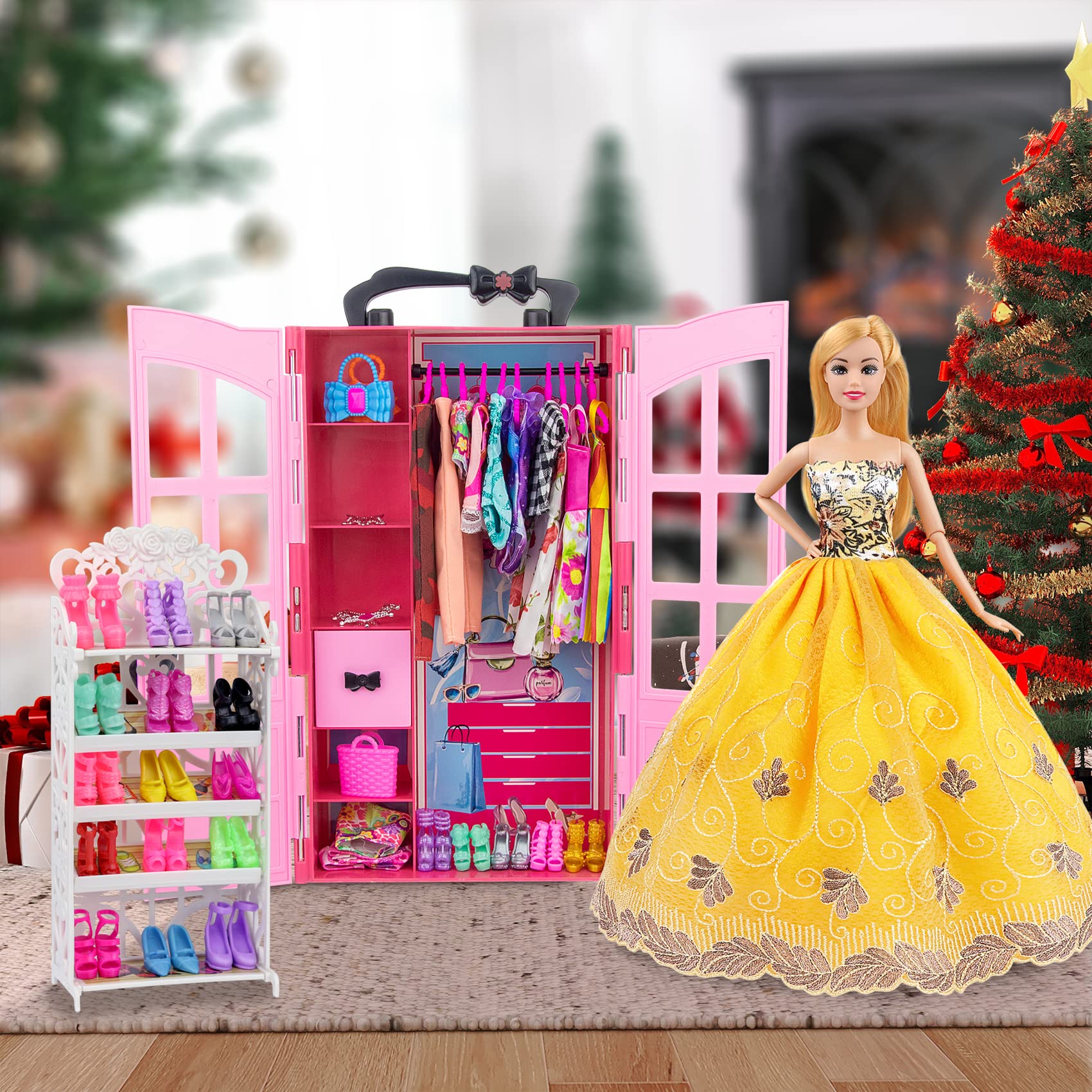 Ecore Fun 120 Pcs Fashion Doll Wardrobe Set - Doll Clothes Storage Organizer with Dresses, Shoes, Bags, Necklace & Hangers for 11.5 Inch Girl Dolls - Perfect for Pretend Play, Birthday Gifts & Kids Room Decor