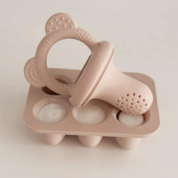 Ali+Oli (3-Pc) BPA-Free Food-Grade Silicone Baby Fruit Feeder & Teether Set with Freezer Tray - Mist Taupe | Infant & Toddler Soothing Pacifier for Fresh Fruits, Breastmilk & Teething Relief | Perfect for On-the-Go Feeding & Pain Relief
