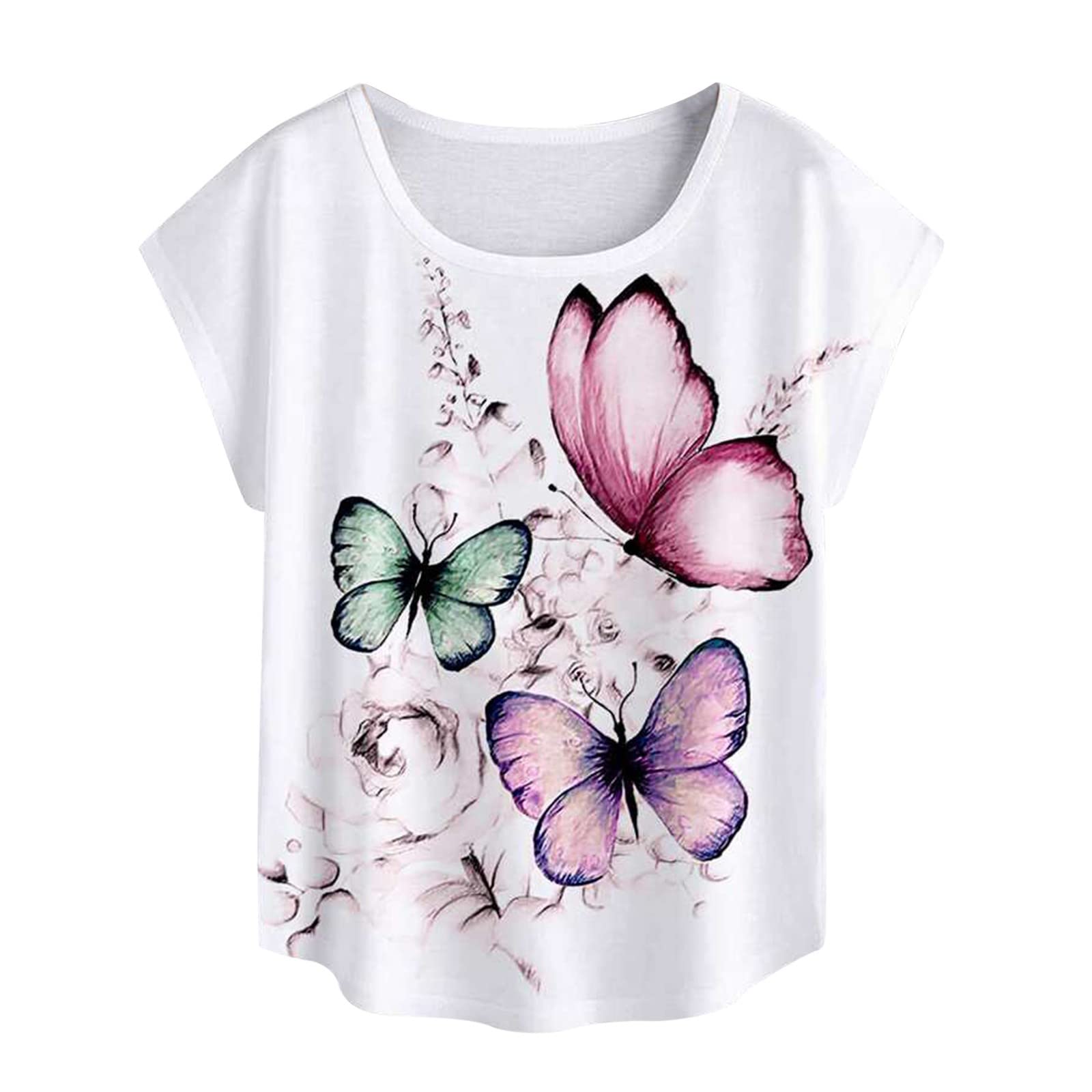 Butterfly Print Women's Short Sleeve T-Shirt - Soft Cotton Summer Basic Tee, Plus Size Comfortable Blouse for Casual Wear & Outdoor Activities