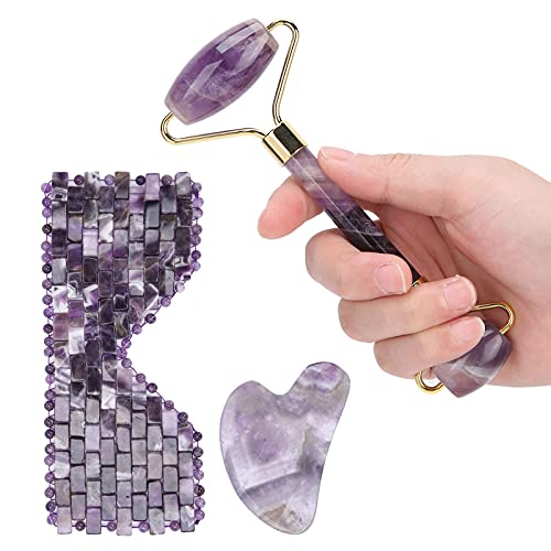 Amethyst Facial Roller & Gua Sha Set - 3pcs Skincare Tools with Jade Sleep Mask for Face Massage, Wrinkle Reduction & Relaxation | Perfect for Morning Routine, Nighttime Skincare & Self-Care Gifts