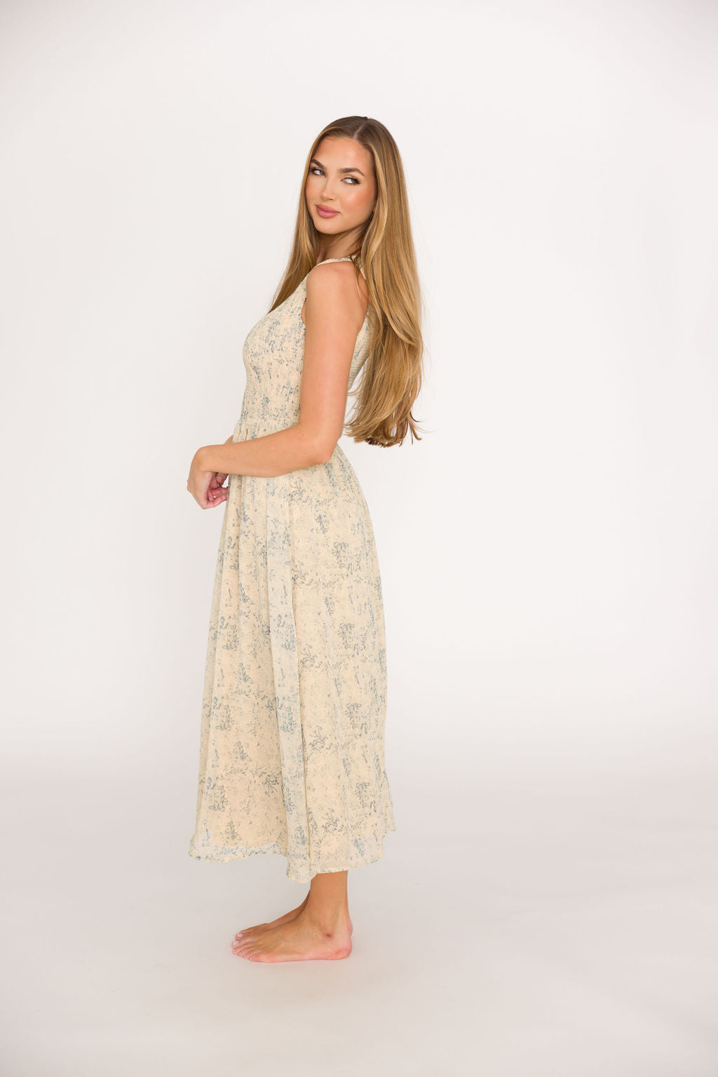 Alaina Floral Print Smocked Midi Dress - Blue Multi Color Summer Dress for Women | Perfect for Beach Vacations, Garden Parties & Casual Outings