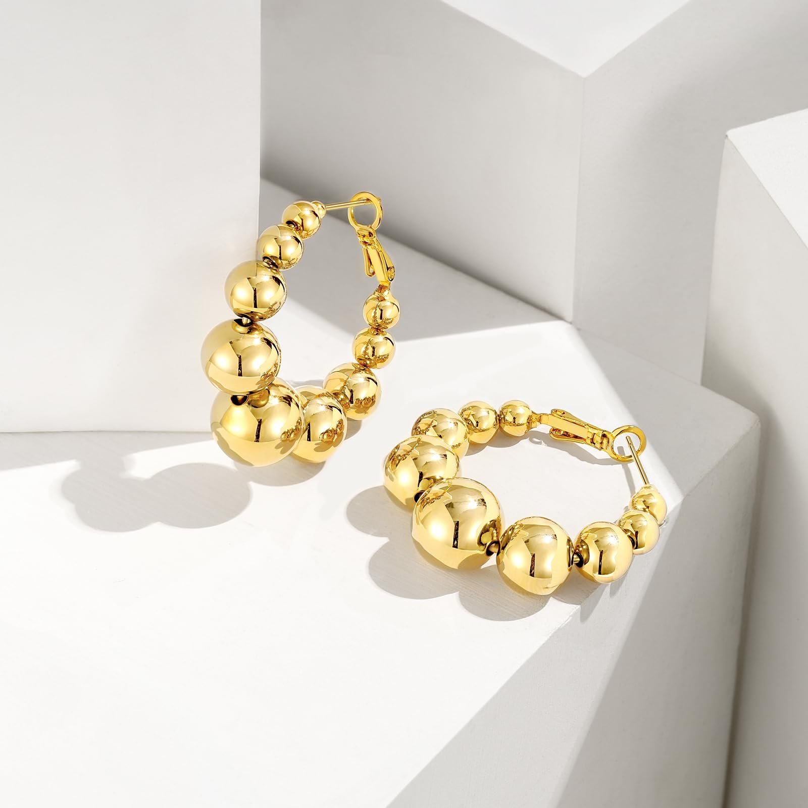 14K Gold Plated Beaded Hoop Earrings for Women - Lightweight Chunky Statement Huggie Earrings with Round Ball Drop - Dainty Jewelry Gift for Her - Perfect for Parties, Weddings & Everyday Wear