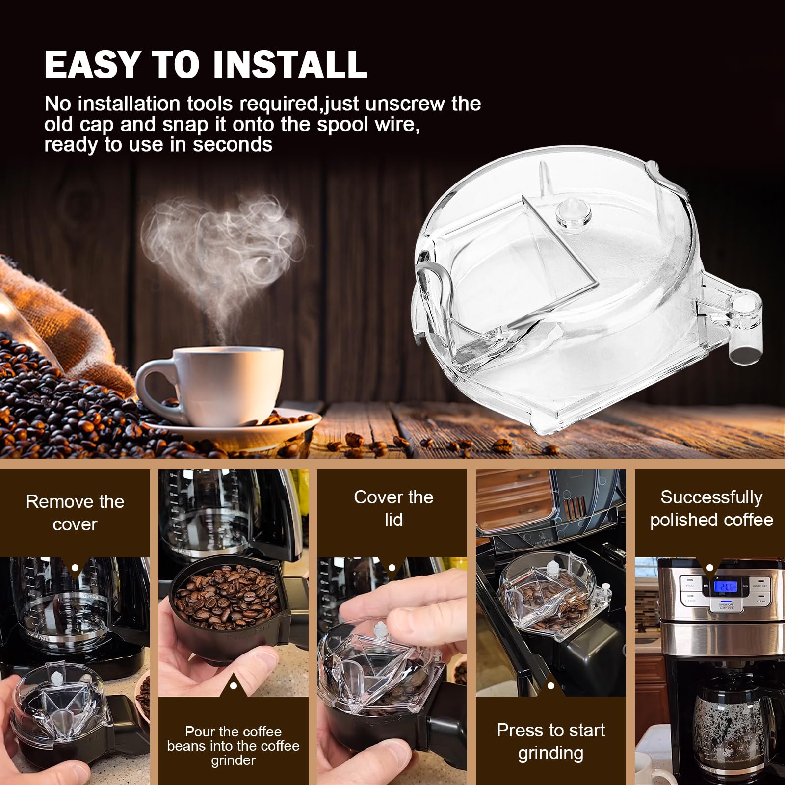 Original DGB-500GLID Grinder Assembly Lid Replacement for Cuisinart Coffee Grinder - Compatible with DGB-600/DGB-625/DGB-650/DGB-500/DGB-500BK/DGB-600BCC Models - Clear Plastic Cover - Perfect for Home & Office Coffee Brewing