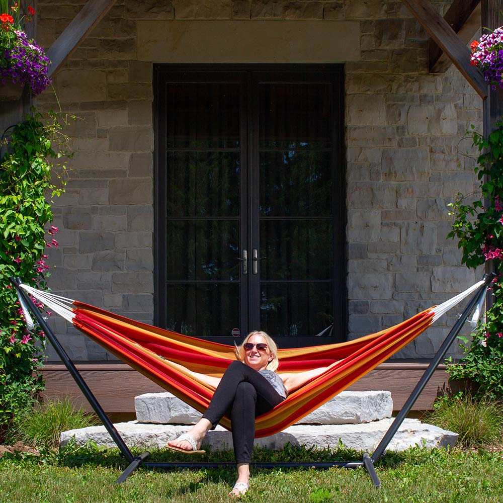 Vivere Double Sunbrella Hammock with Space-Saving Steel Stand - 450 lb Weight Capacity - Premium Carry Bag Included (Sunset) - Perfect for Backyard Relaxation, Camping & Beach Vacations