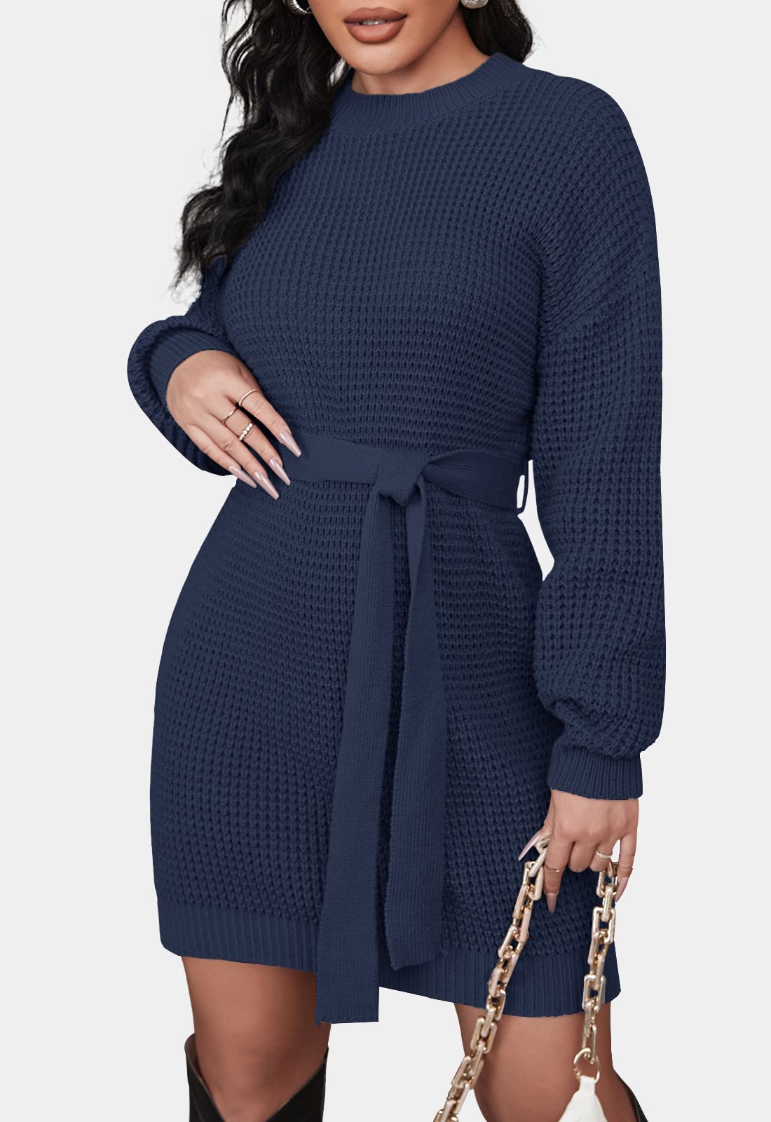 ZESICA Women's Long Sleeve Waffle Knit Tie Waist Tunic Sweater Dress - Fall Winter Pullover Casual Outfit for Work, Date Night & Holiday Season