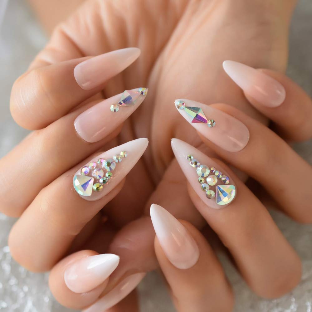EchiQ Ombre Stiletto Nails - Pink White Gradient Fake Nails with 3D Diamond Rhinestones | Long Luxury False Nails for Parties, Weddings & Special Occasions