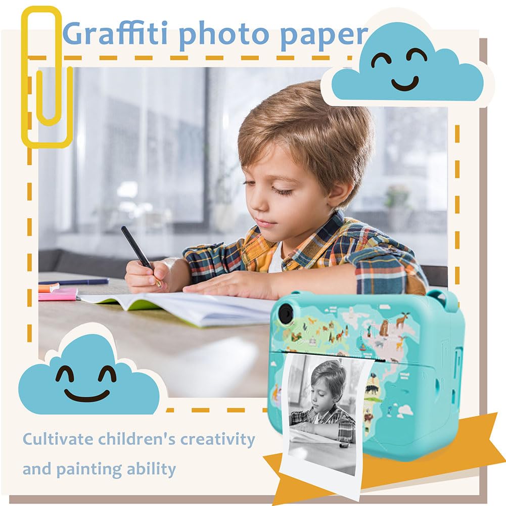 AVZYARDY Instant Print Camera for Kids - Portable Video Camera with 3 Rolls Photo Paper, Selfie Camera Toy for Toddlers, Perfect Birthday & Holiday Gift for Boys & Girls (Blue) - Great for Travel, Parties, and Family Memories