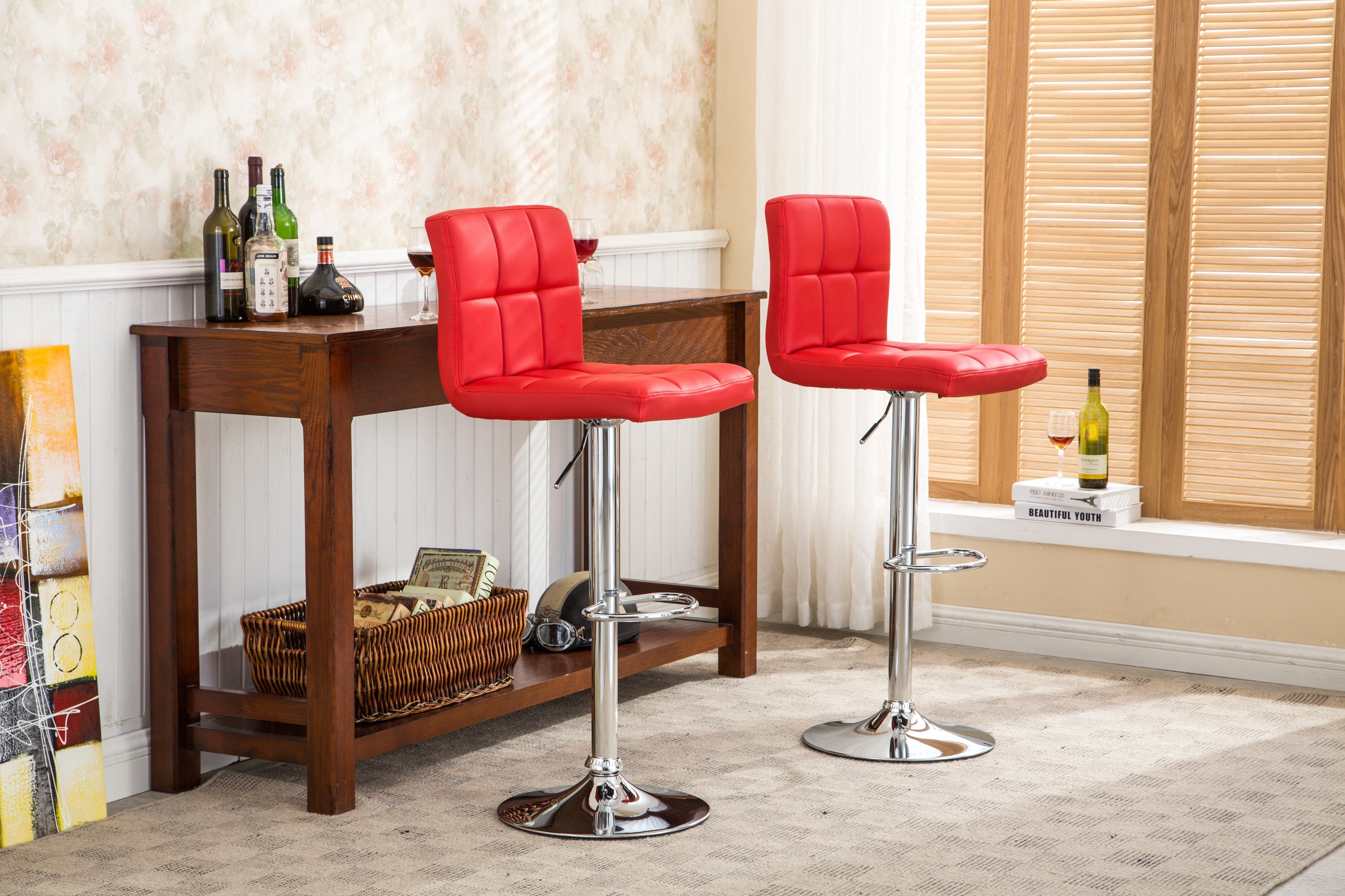 Roundhill Furniture Modern Swivel Bar Stools - Set of 2, PU Leather Upholstery, Adjustable Height Hydraulic Mechanism, Elegant Red - Perfect for Kitchen Islands, Home Bars & Contemporary Dining Areas