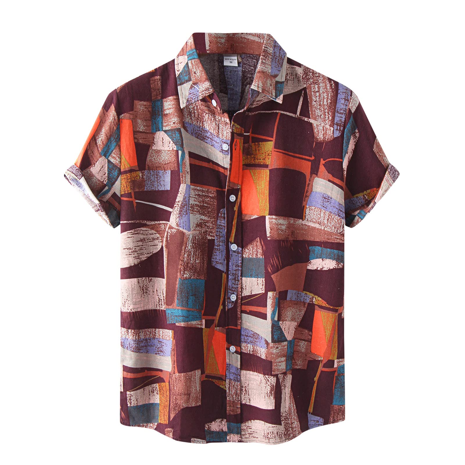 Stylish AOJIAN Men's Casual Short Sleeve Button Down Shirt with Beach Print & Geometric Collar - Perfect for Summer Outings, Beach Vacations & Casual Wear