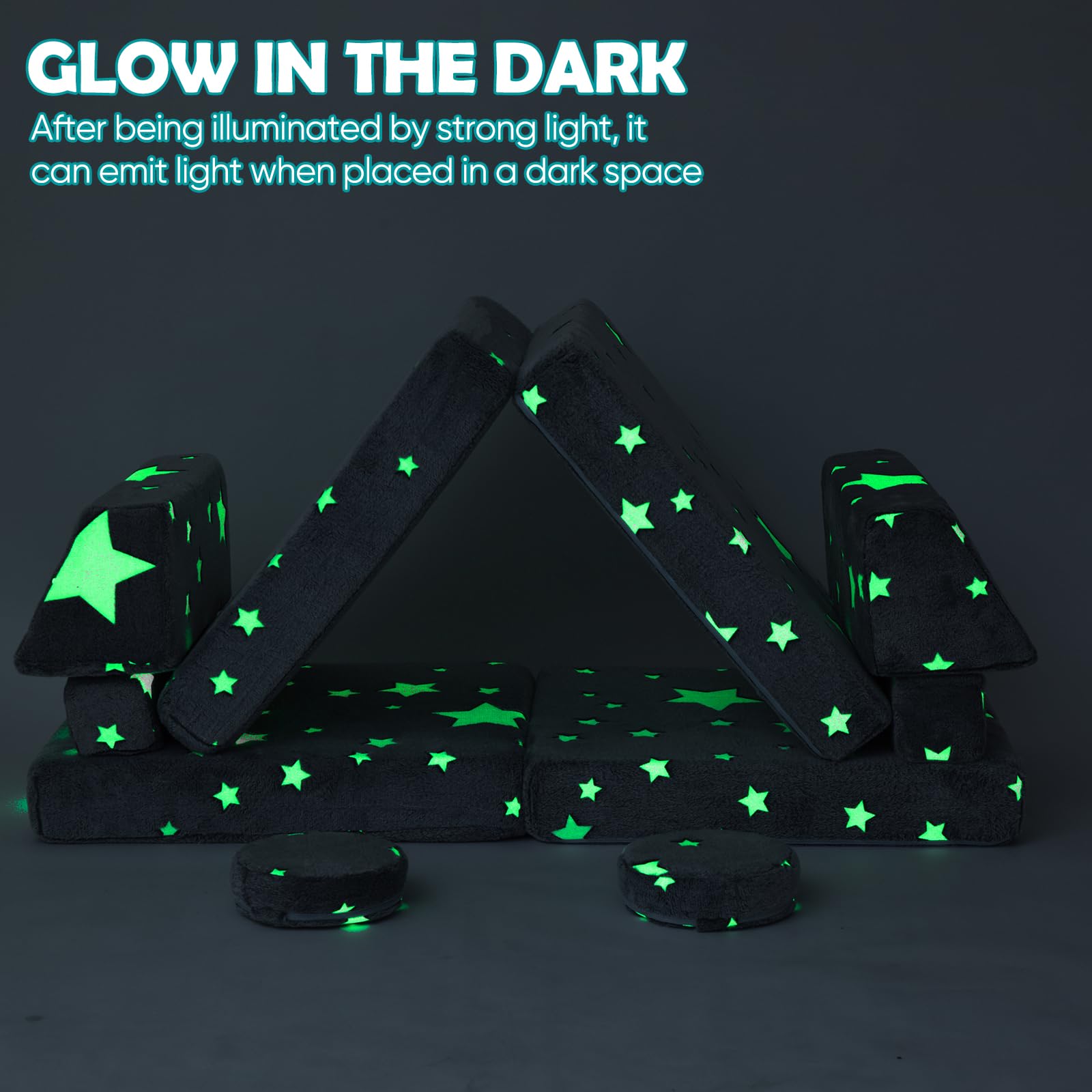 Glow in the Dark Kids Play Couch - 10 Piece Modular Foam Sofa Set for Toddlers | Convertible Playroom & Bedroom Furniture for Boys & Girls | Perfect for Indoor Playtime, Sleepovers & Imaginative Play