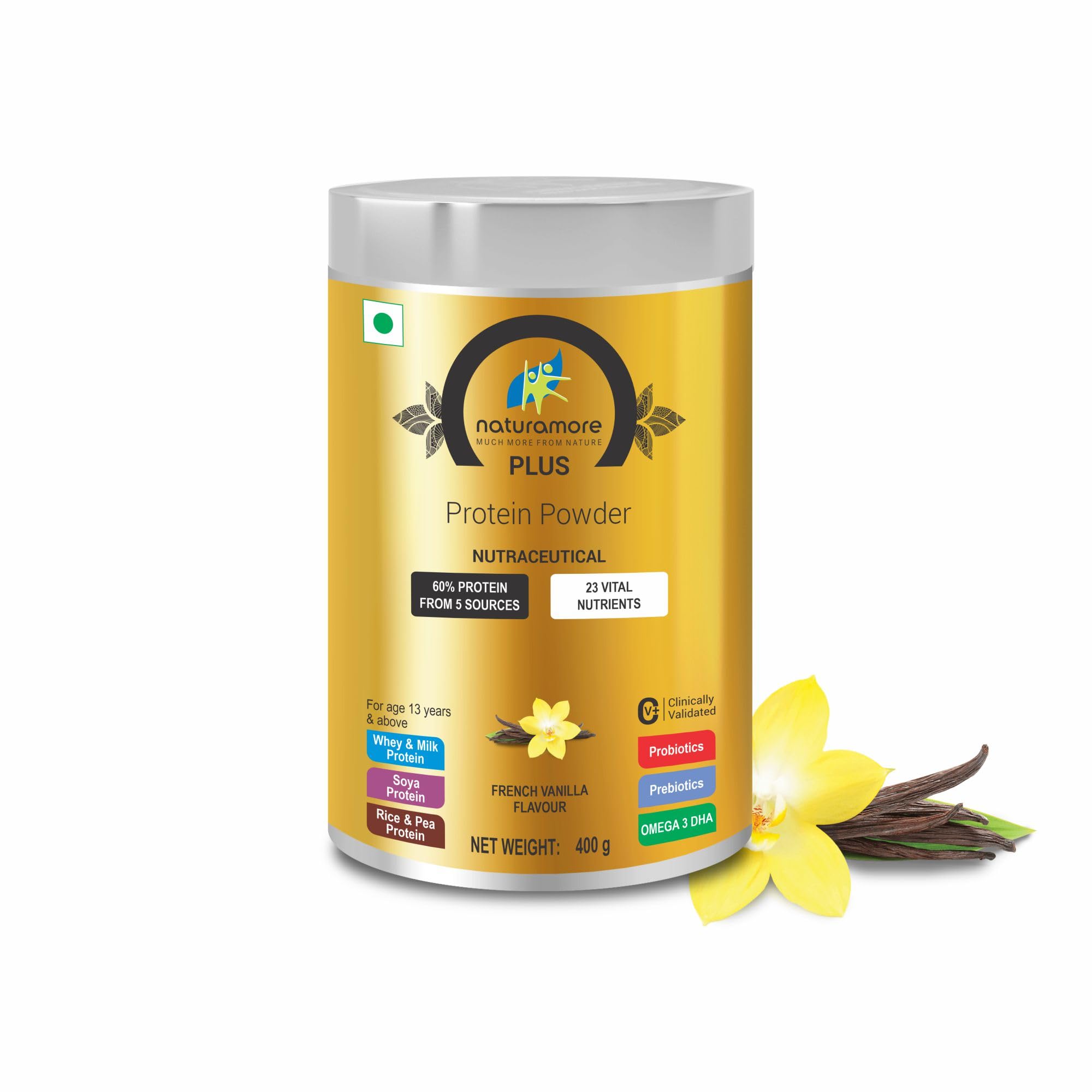 Naturamore Plus Protein Powder - 60% High Protein with Lutein, Probiotics & Omega 3 DHA | Gluten-Free, Non-GMO, No Sugar Added | French Vanilla Flavor 400g - Perfect for Post-Workout Recovery & Healthy Lifestyle