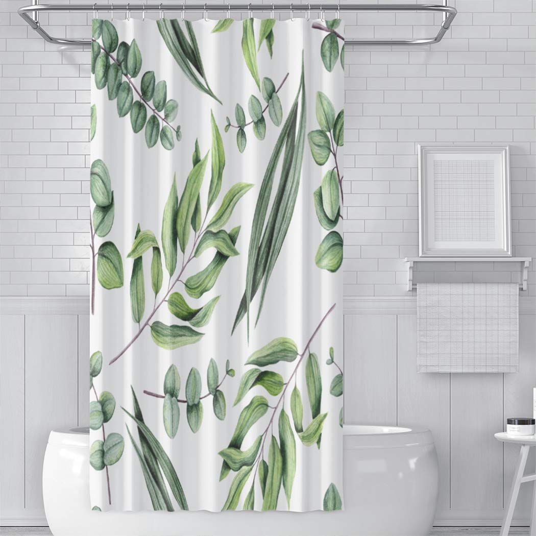 Watercolor Green Leaves & Eucalyptus Shower Curtain - 54x72 Inch Bathroom Decor, Waterproof Fabric Bath Curtain for Modern Home, Spa-Like Shower Experience