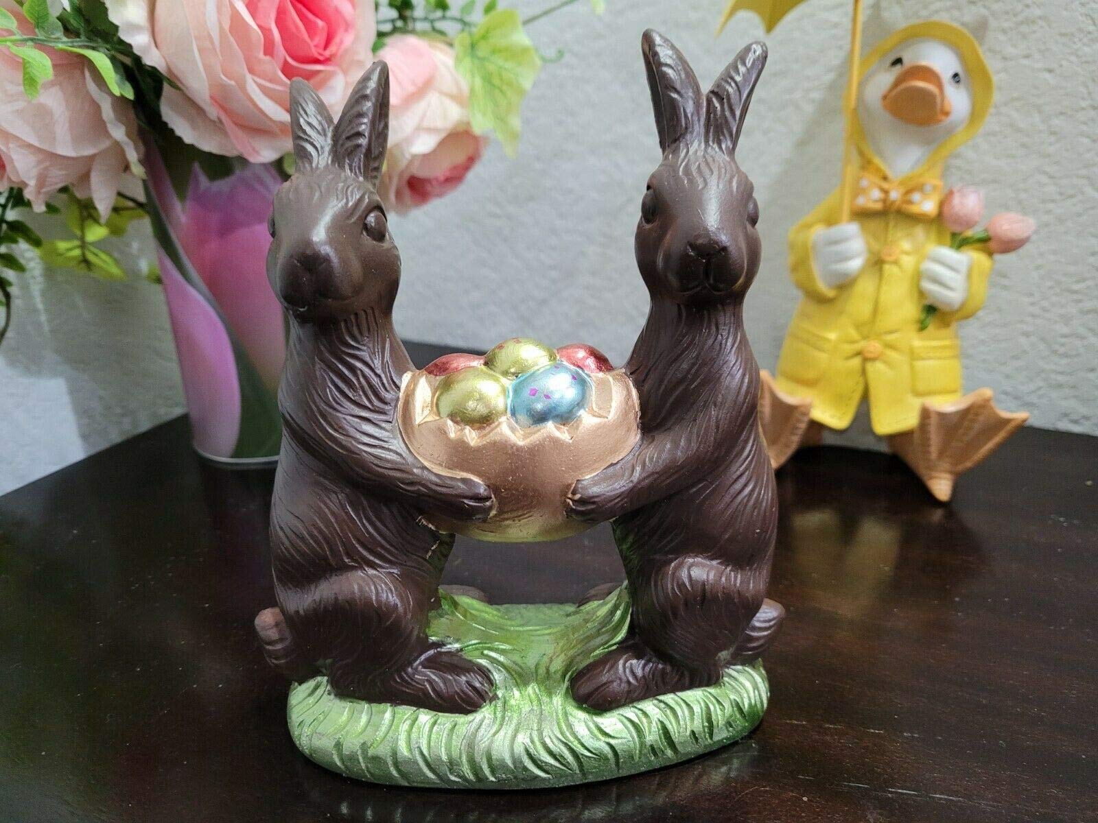 Easter Faux Chocolate Bunny Rabbit Basket with Eggs - Spring Tabletop Decor for Home, Office, Party Centerpiece - Cute Easter Decoration for Mantel, Dining Table, and Holiday Display