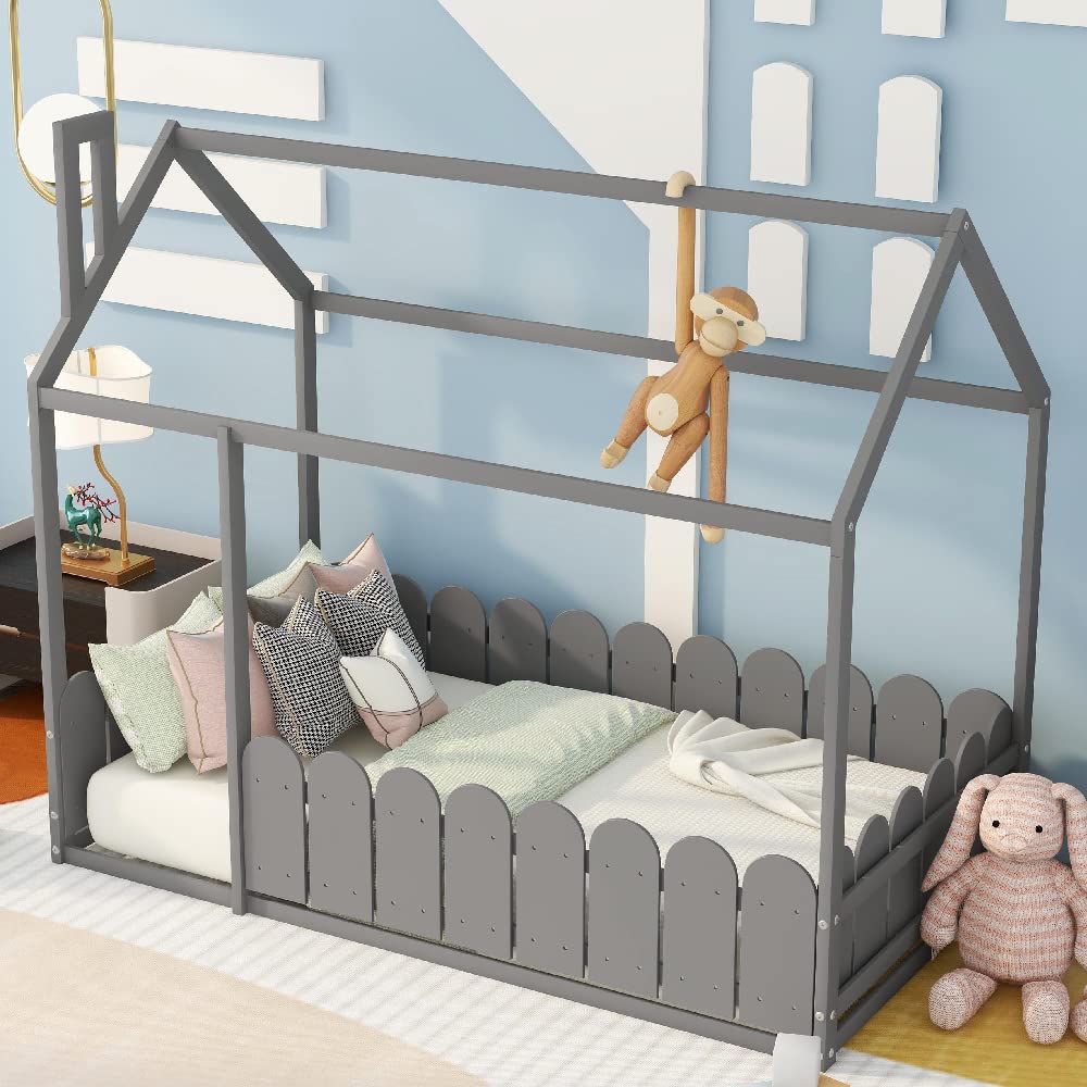 MERITLINE Wooden Twin House Bed for Kids & Teens - Gray Cabin Floor Bed with Roof & Fence - Montessori Toddler Bed for Boys & Girls - Perfect for Bedrooms, Playrooms & Montessori Classrooms