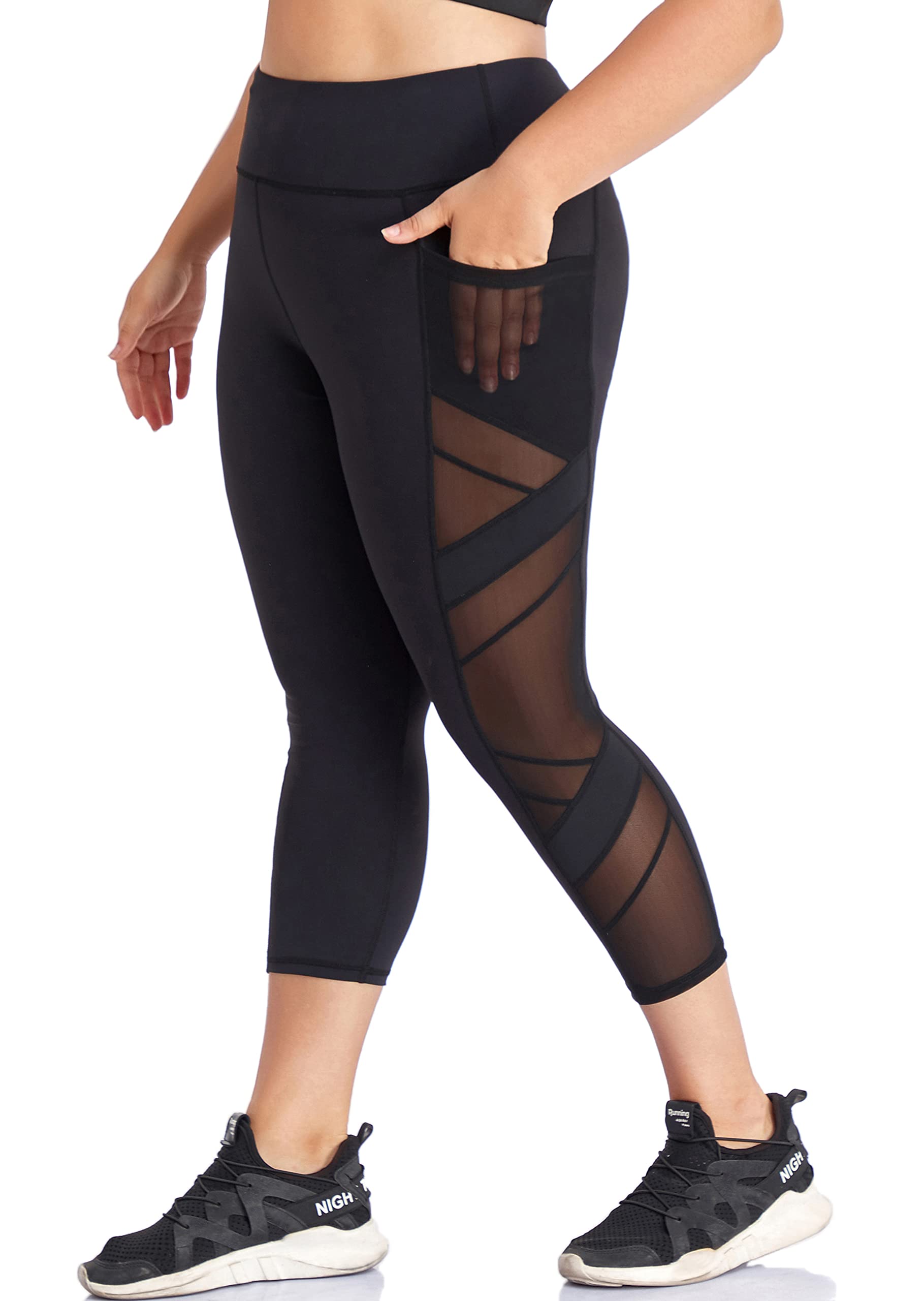 Plus Size Women's High Waisted Yoga Pants with Pockets - Breathable Mesh Workout Leggings for Tummy Control - Running, Gym & Lounge Wear