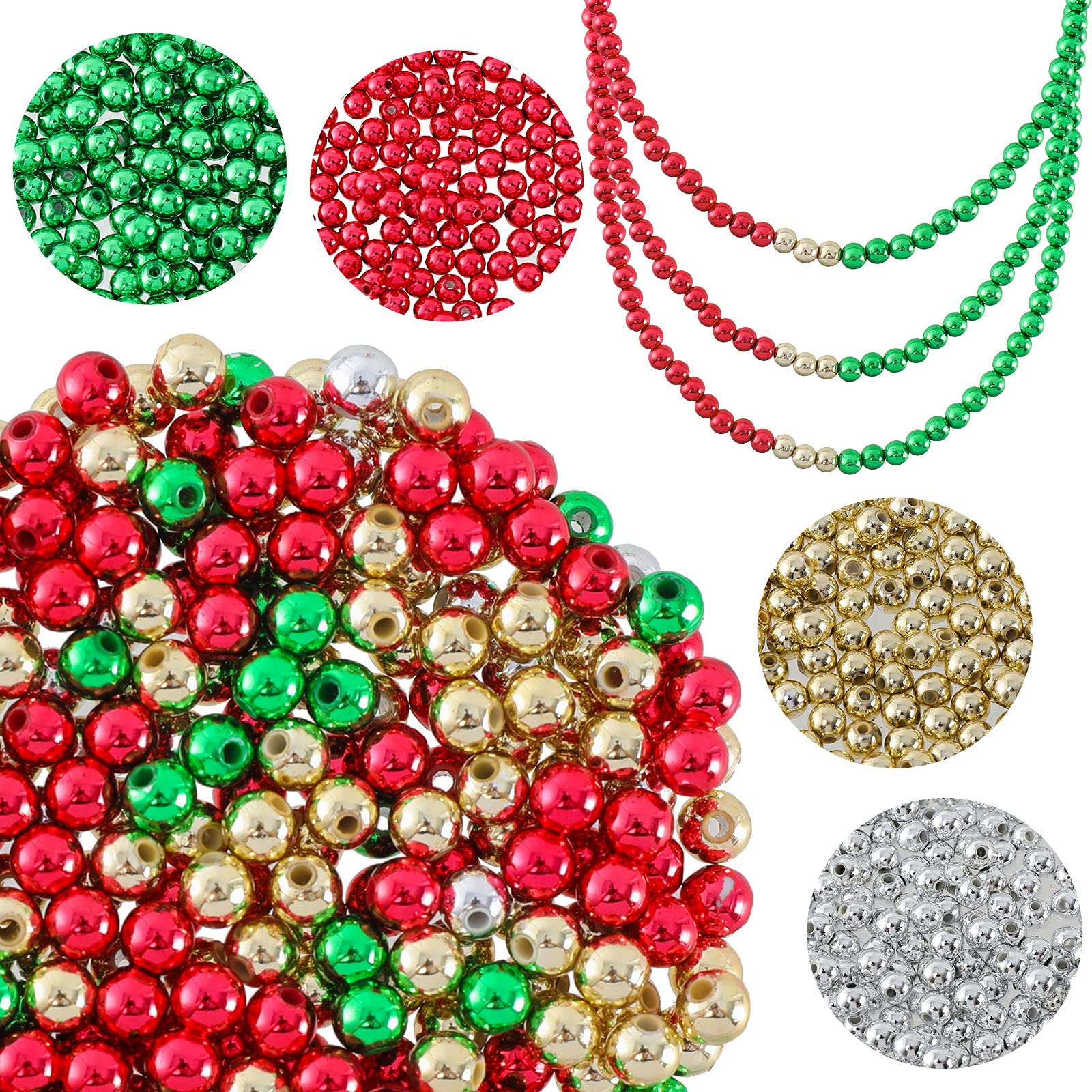 Whaline 1200PCs Christmas Beads - Metallic Round Pony Beads with Elastic String for Jewelry Making (Red, Green, Silver, Gold) - DIY Craft Beads for Necklace, Bracelet & Home Ornaments - Perfect for Holiday Decorations & Gift Making