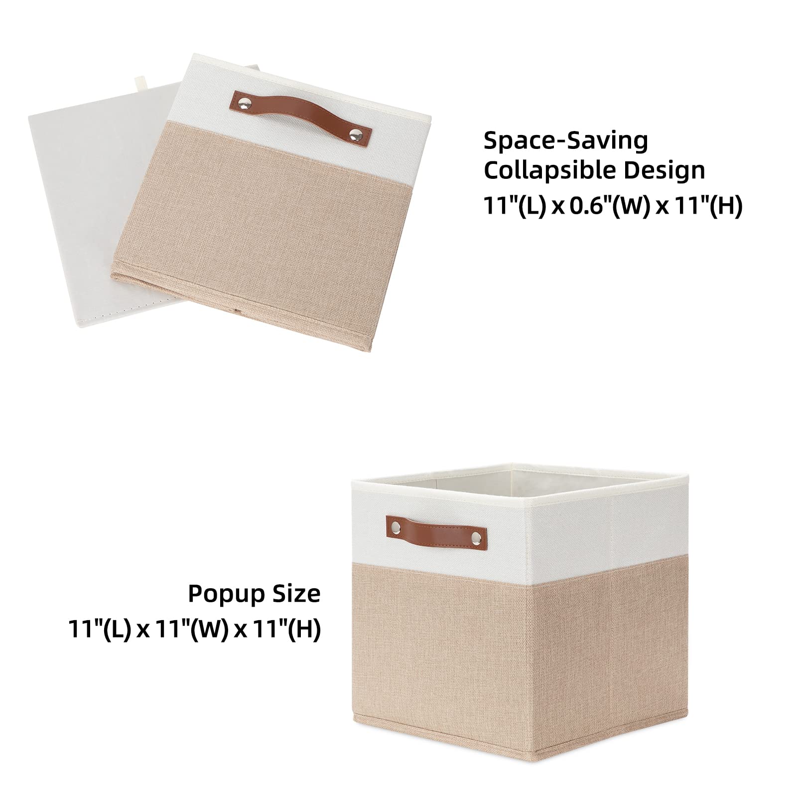 HNZIGE 11x11 Inch Foldable Fabric Storage Bins with Leather Handles - 4 Pack White Beige Storage Cubes for Shelves | Organize Clothes, Toys, Home & Nursery Decor | Space Saving Storage Solution for Bedroom, Closet & Kids Room