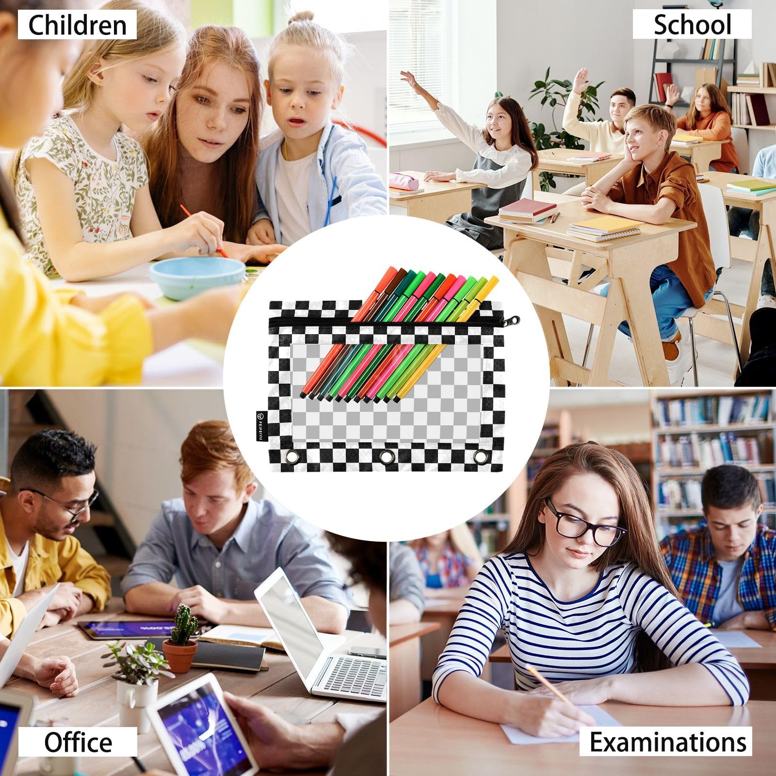 Waterproof Black & White Checkered Pencil Pouch with Clear Window - 2 Pack School Supplies for 3 Ring Binder, Kids, Boys & Girls - Perfect for Classroom, Office & Organization