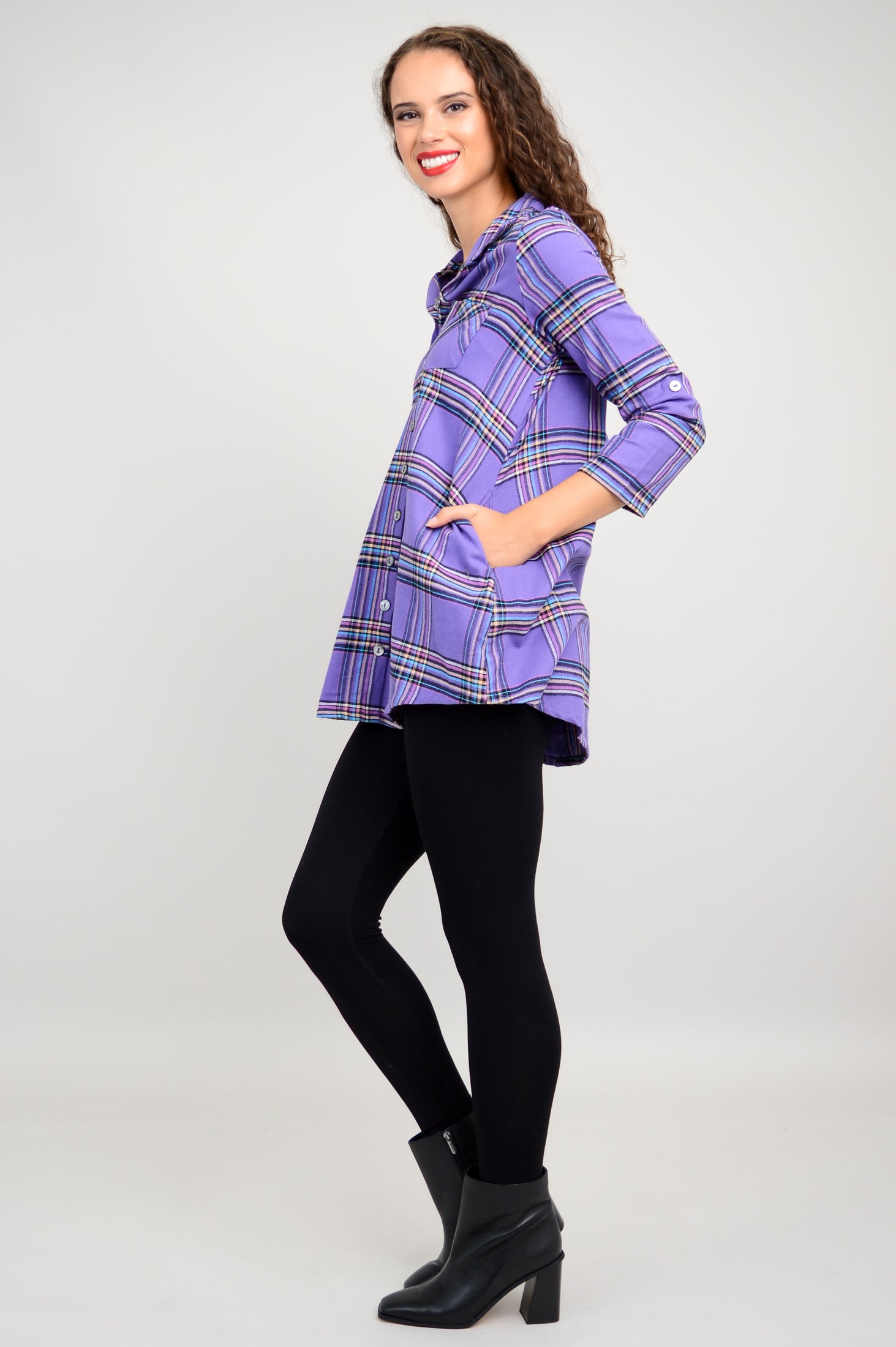 Celine Tunic Top - Violet Plaid Cotton Flannel Shirt for Women | Casual Fall Outfit, Layering Piece & Office Wear