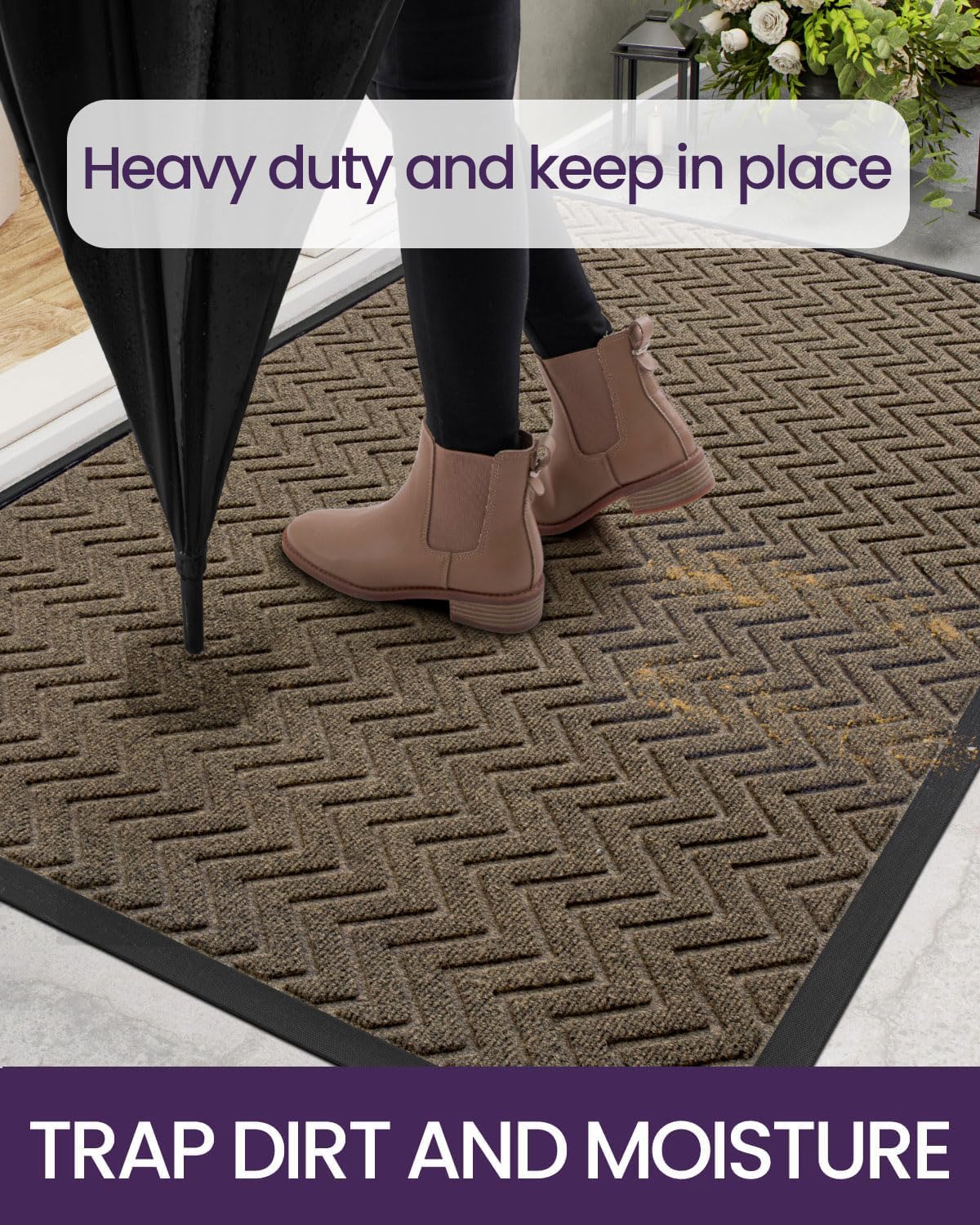 DEXI Heavy Duty Rubber Backed Doormat for Front Door - 4x2 Feet, Stain & Fade Resistant, Low-Profile Easy Clean Entryway Floor Mat in Chevron Dark Brown - Perfect for Outdoor/Indoor Use at Home, Office, or Apartment Entrance