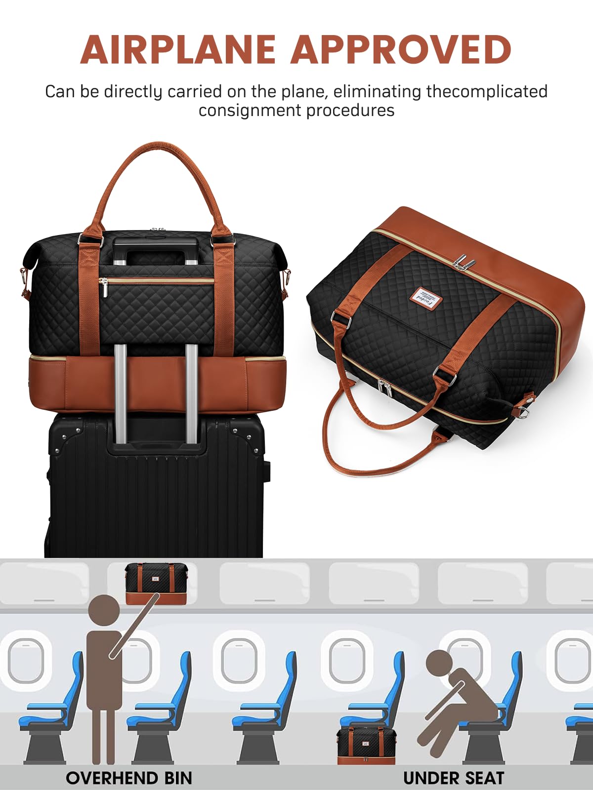 Women's Travel Weekender Duffle Bag with Shoe Compartment & Wet Pocket - Large Carry-On Overnight Bag with Toiletry Organizer - Perfect for Weekend Getaways, Hospital Visits, and Labor Delivery (Black/Brown)
