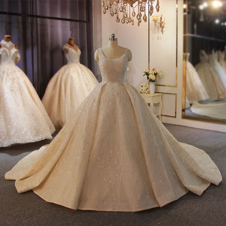 Elegant Beaded Sleeveless Ball Gown Wedding Dress - Luxury Bridal Gown with Full Crystal Embellishments for Bride, Prom, Quinceañera & Formal Events