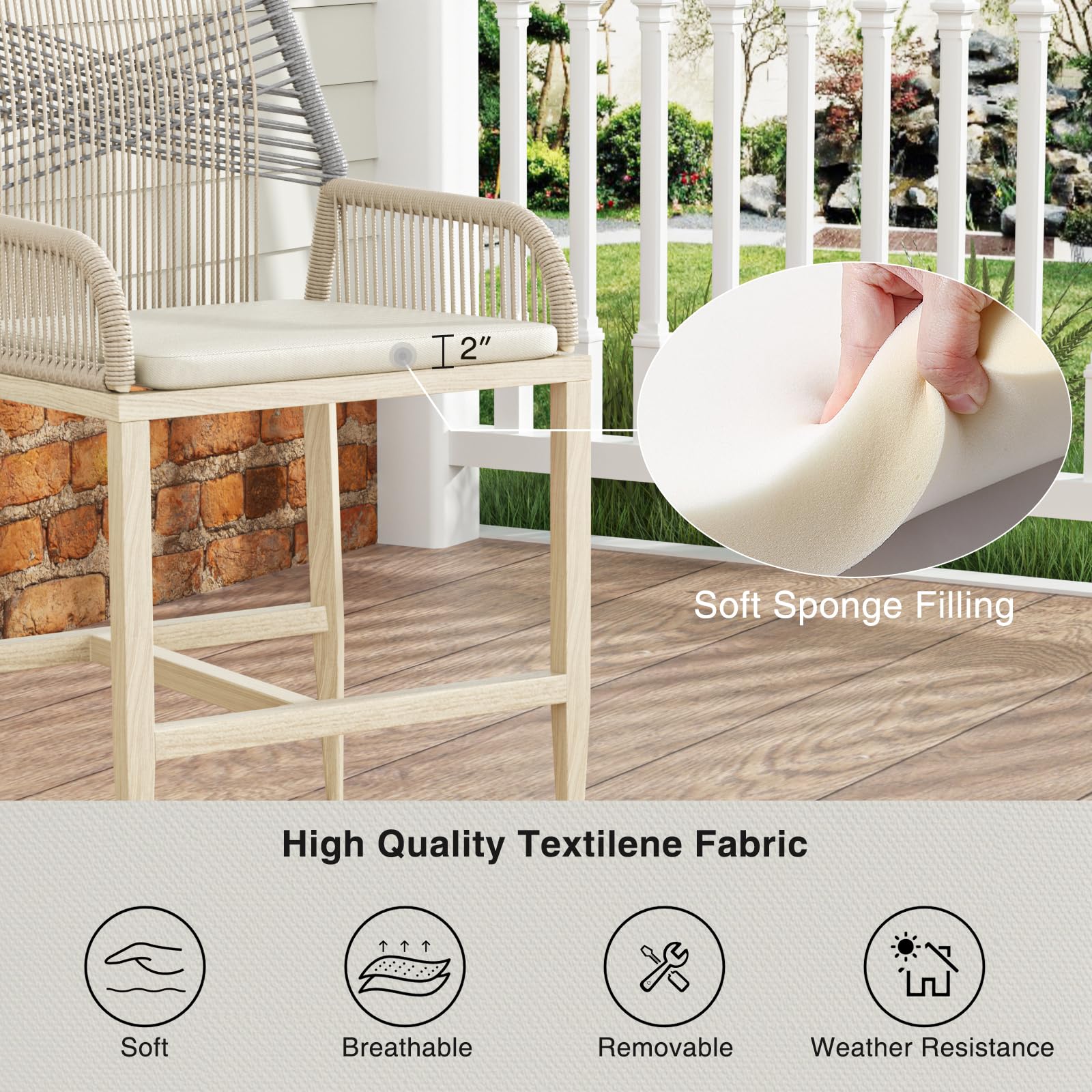 Modern Rattan Wicker Bar Stools Set of 2 - Counter Height Barstools with Backrest & Cushion, Grey - Perfect for Kitchen Island, Patio, Balcony, Poolside & Outdoor Dining Areas