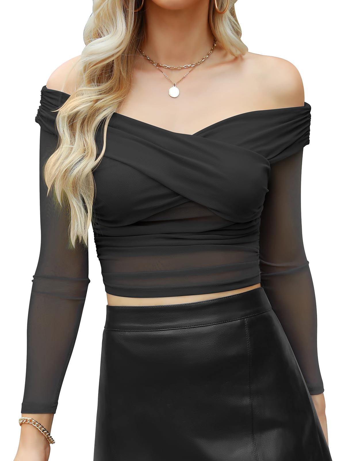 Trendy Women's V-Neck Sheer Mesh Long Sleeve T-Shirt - Casual & Party Clubwear Tee for Women | Perfect for Night Out, Date Night & Special Occasions 2024
