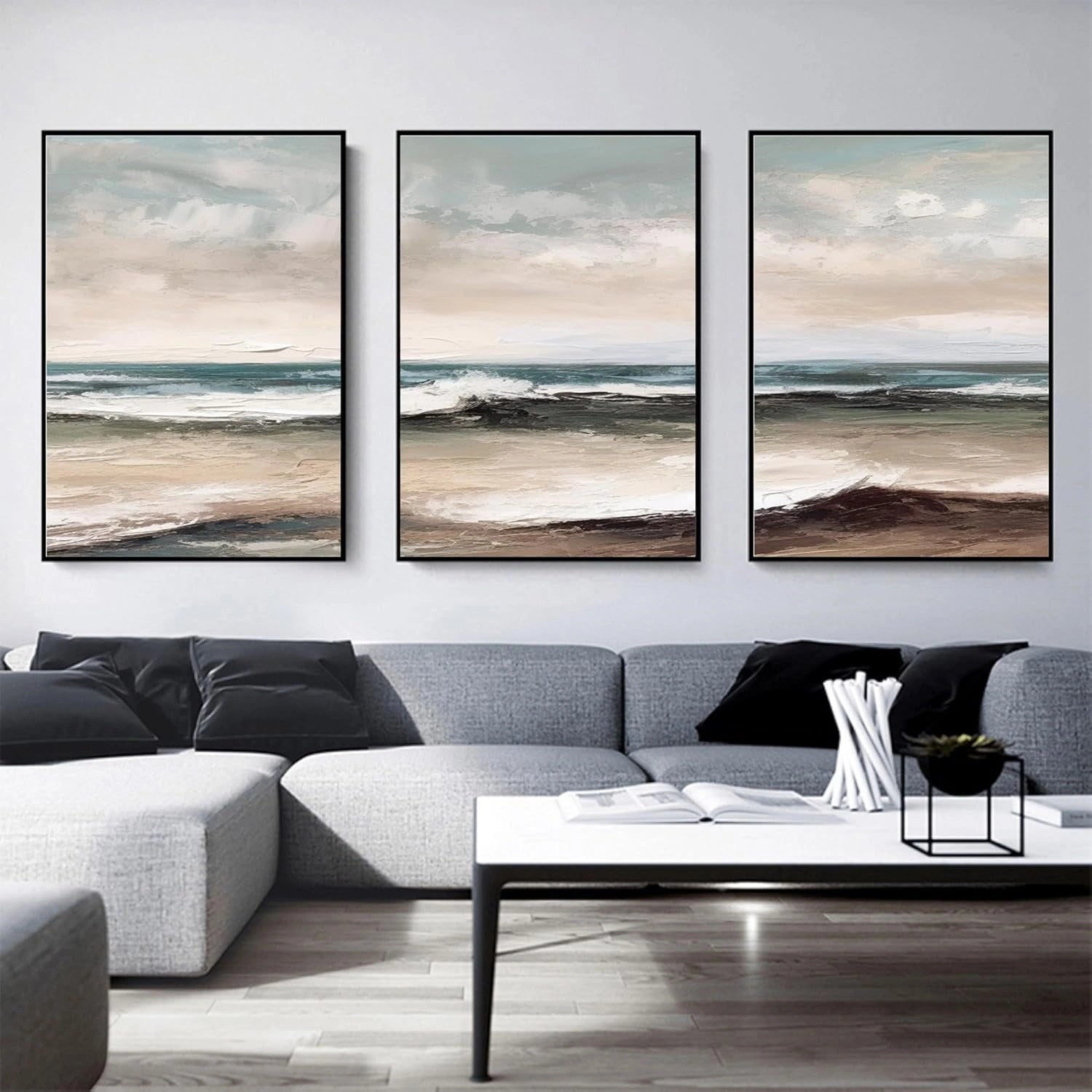Ocean and Sky Wall Art Set of 3 - Modern Coastal Paintings for Living Room, Bedroom & Office Decor - Blue Seascape Canvas Prints (OS 259)