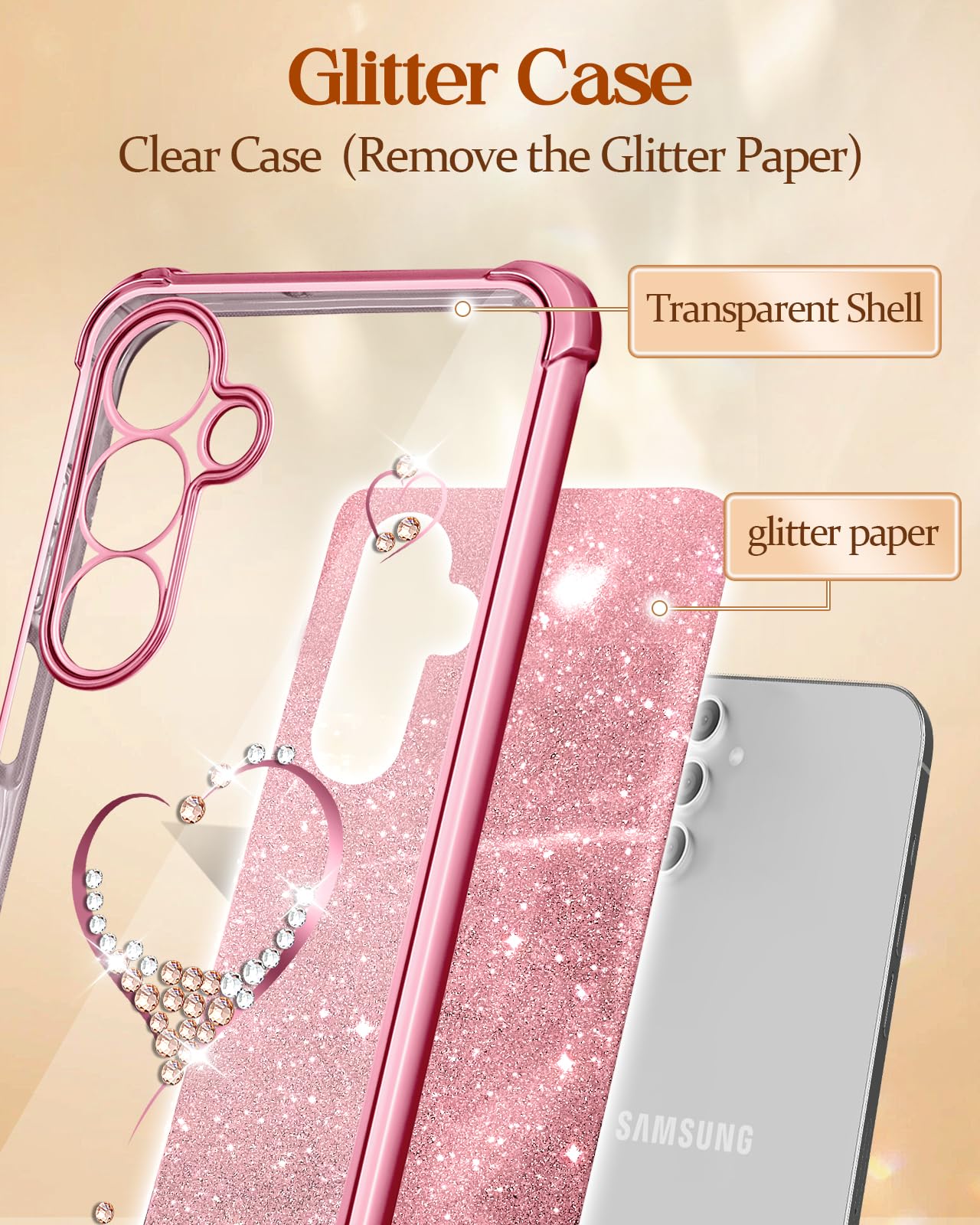 Elegant Sparkle Diamond Luxury Heart Design Phone Case for Samsung Galaxy A15 5G - 6.5