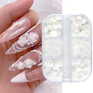 Gleevia 60Pcs 3D White Acrylic Rose & Aurora Camellia Nail Charms - DIY Nail Art Jewelry, Rhinestone Decorations for Manicure, Bridal, Party & Salon Nail Designs