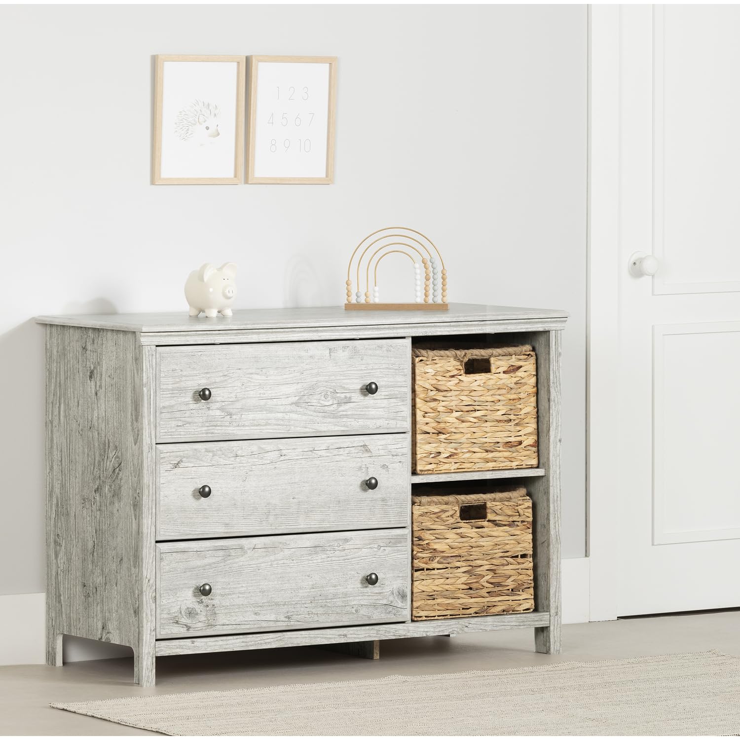 South Shore Cotton Candy 3-Drawer Dresser with Baskets in Seaside Pine - Modern Kids Bedroom Storage Solution for Clothes, Toys & Nursery Organization
