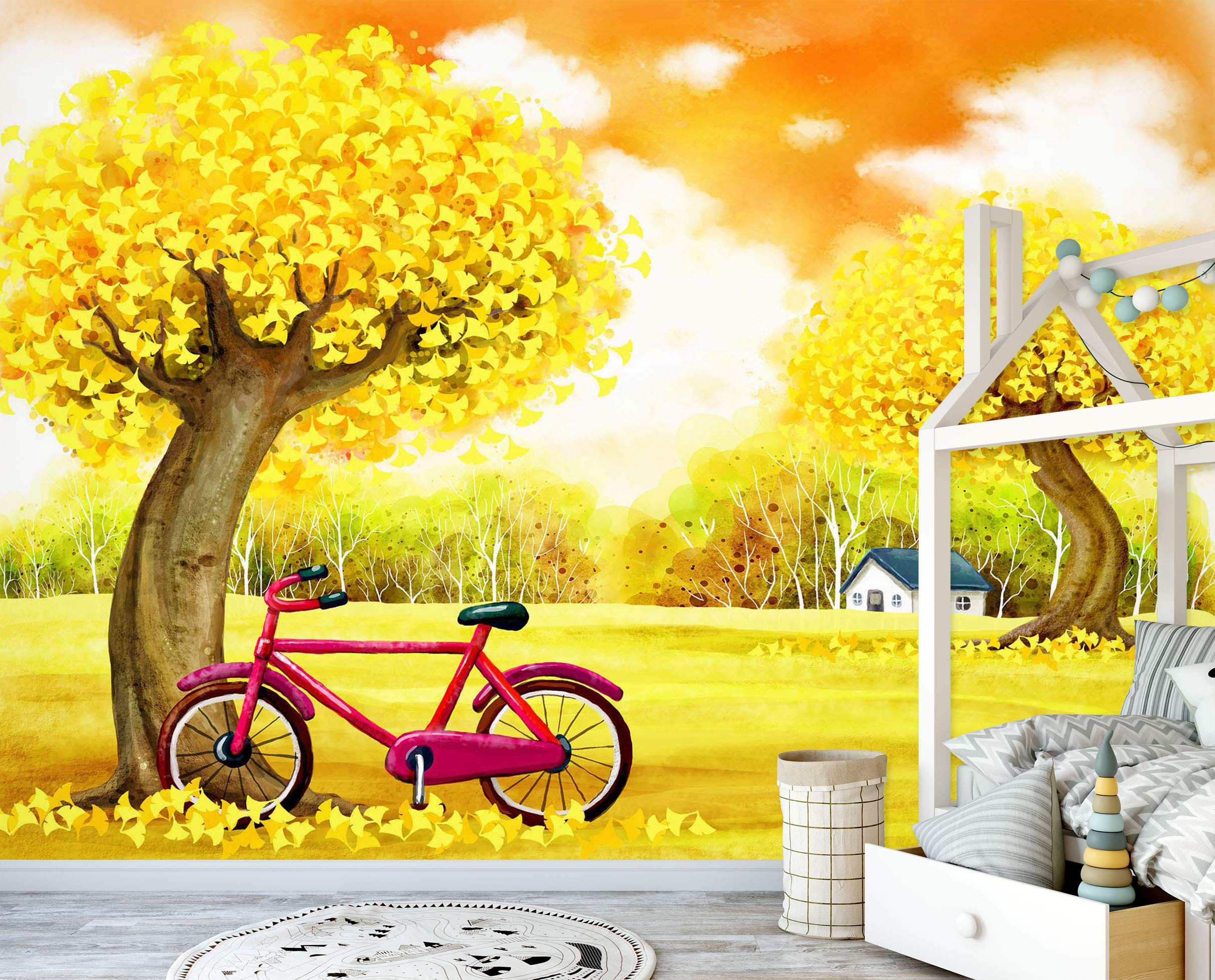 3D Golden Tree Bicycle Wall Decal - Self-Adhesive Removable Vinyl Wallpaper Mural (164”x100”/416x254cm) for Living Room, Bedroom & Office Decor