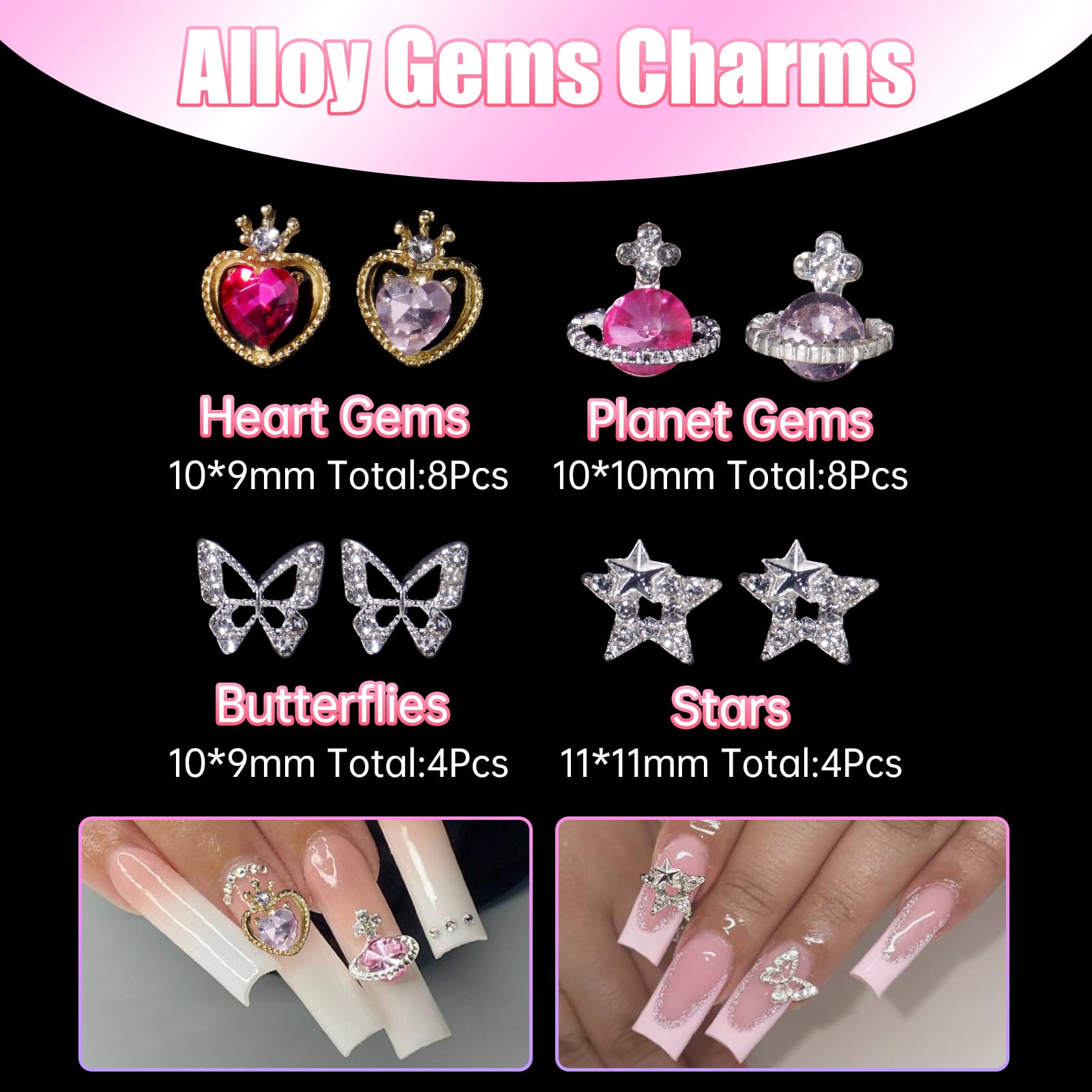 3D Nail Charms and Gems - 24 Pcs Chunky Star Heart Planet Butterfly Alloy Rhinestone Charms with Pink White Flowers, Bows, Hollow Stars, Moon Pearls for Acrylic Nail Art DIY | Perfect for Nail Salon, Home Manicure, Party Nail Designs and Gift Giving