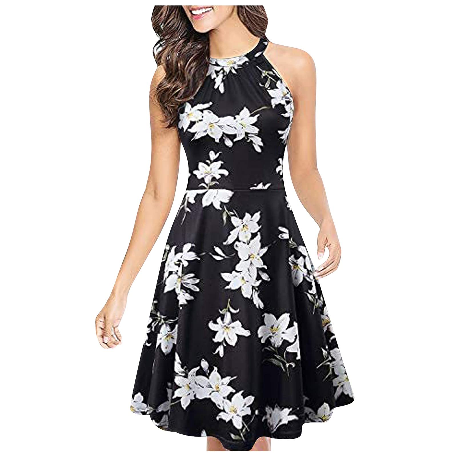 Eaktool Women's Floral Print Lace-Up Round Neck Sleeveless Pleated Summer Dress - Perfect for Wedding Guest, Cocktail Party, Beach Vacation and Casual Outings