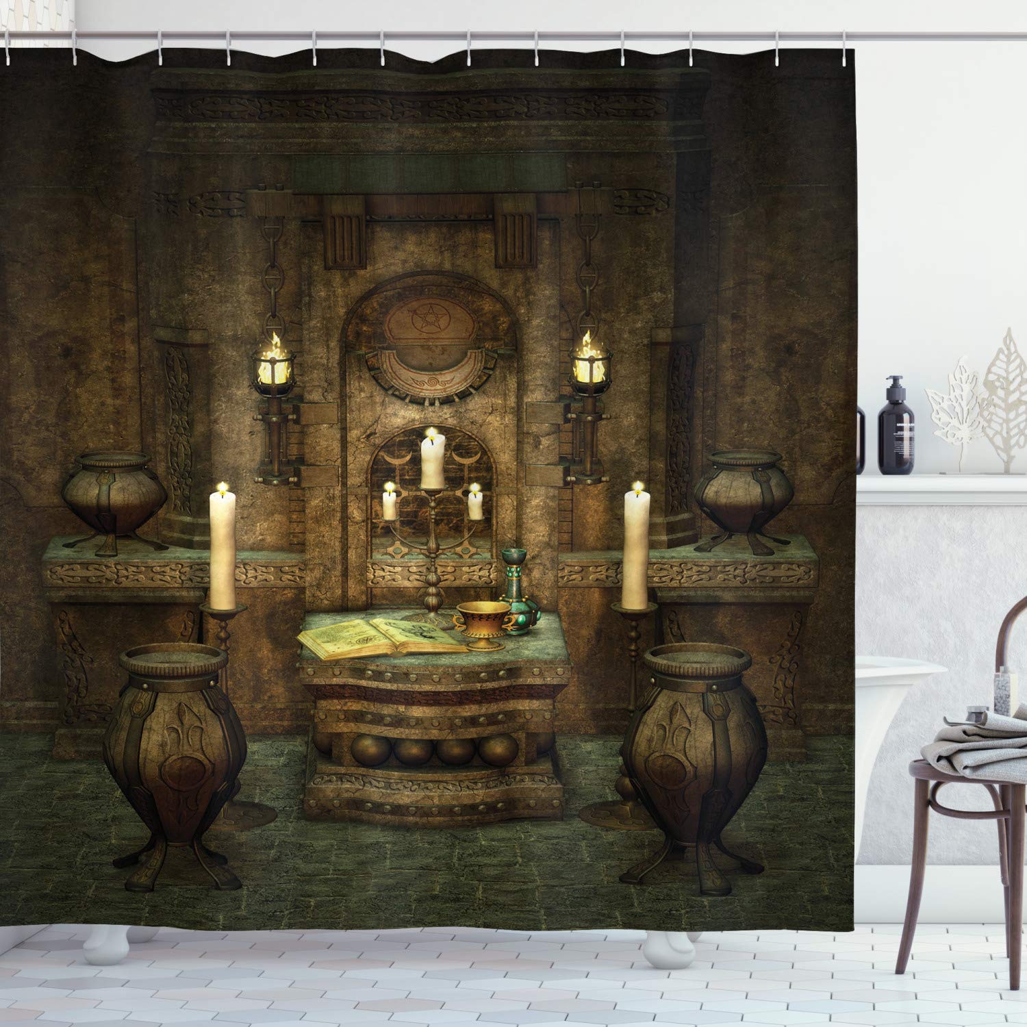 Ambesonne Gothic Shower Curtain - Fantasy Altar Room Design with Spells, Pentagram & Candles Print - 69x70 Inch Brown Fabric Bathroom Decor Set with Hooks - Perfect for Halloween, Witchy Aesthetics & Gothic Home Decor