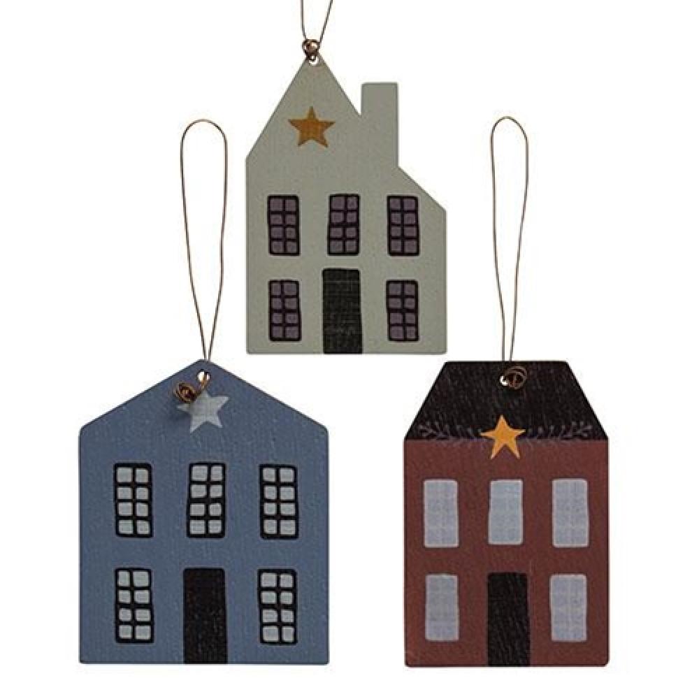 3-Piece Set of Rustic Wooden Primitive House Ornaments - Perfect for Farmhouse, Christmas Tree, and Home Decor