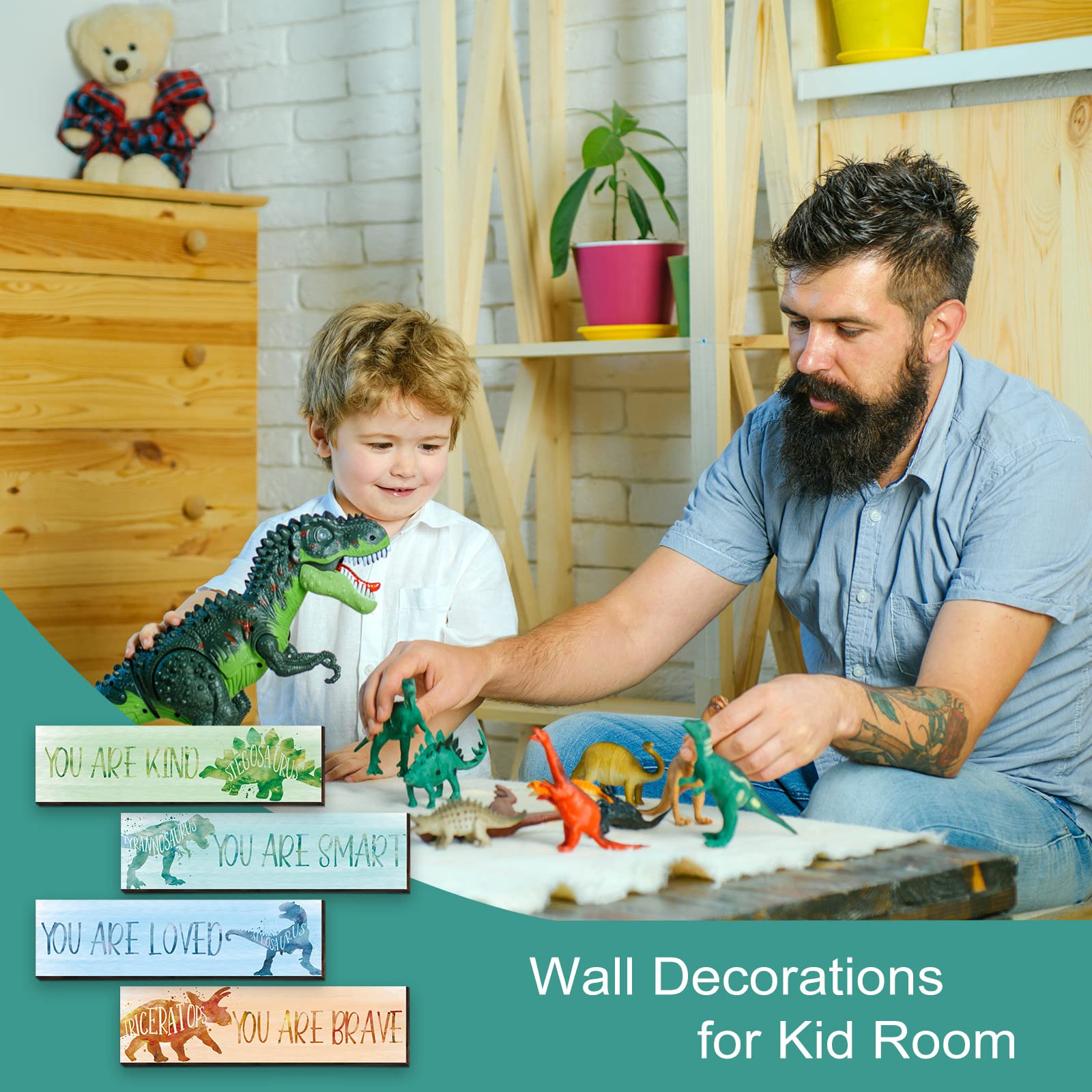 Dinosaur Wall Art Decor for Kids - 4 Pcs Inspirational Dinosaur Posters for Boys Room, Nursery & Classroom (12x3 Inch) - Perfect for Bedroom Decor, Playroom & Learning Spaces