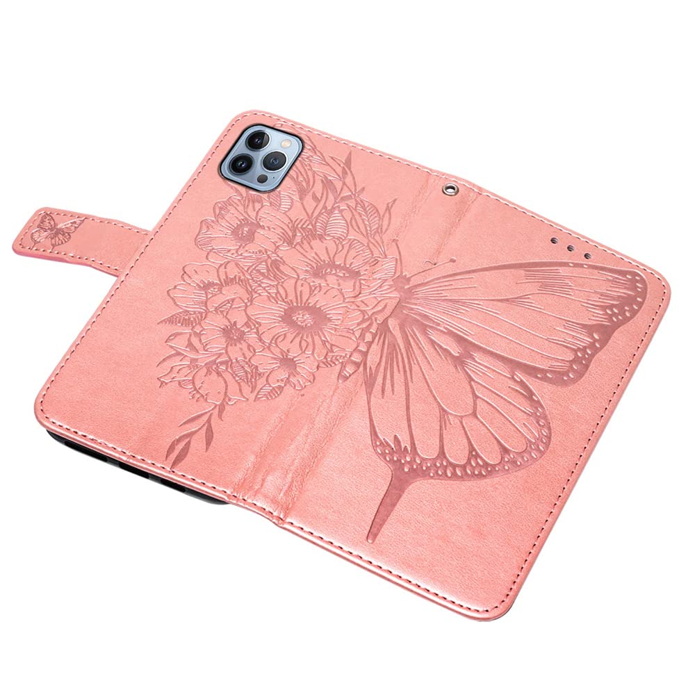 Premium Luxury PU Leather iPhone 13 Pro Max Case with Card Holder & Kickstand (6.7 inch) - Butterfly Rose Gold Design | Slim Protective Wallet Case for Women & Men | Perfect for Work, Travel & Everyday Use - YBH
