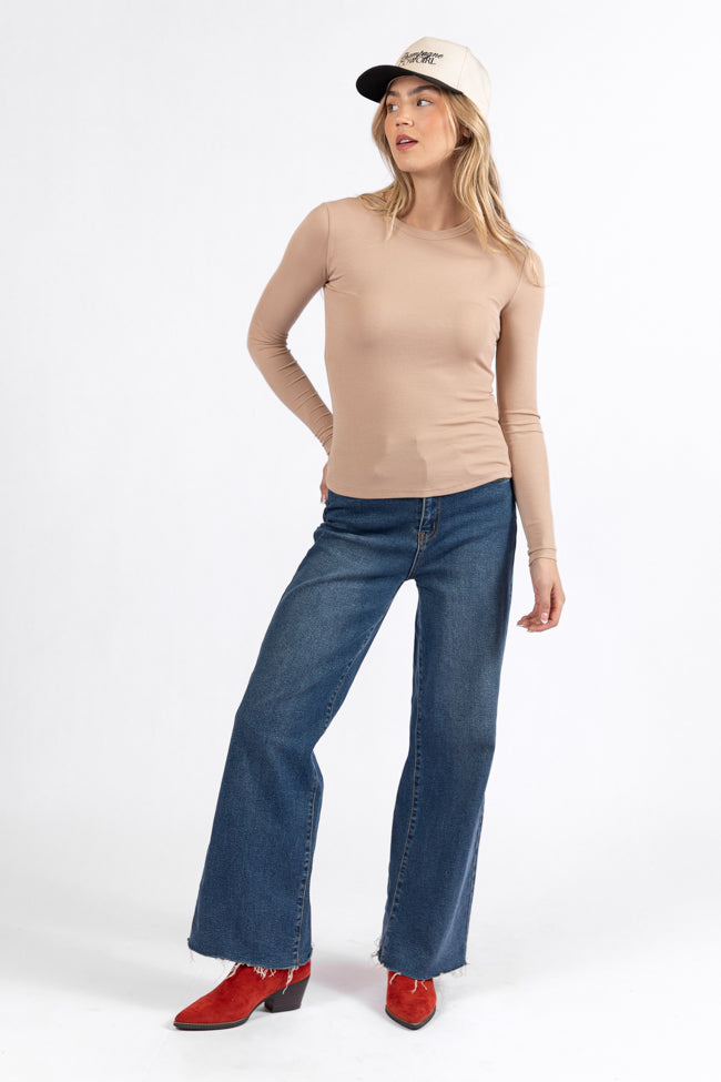 Stylish Tan Ribbed Long Sleeve Tee for Women - Soft Comfort Fit Casual Shirt - Perfect for Fall Layering & Everyday Wear