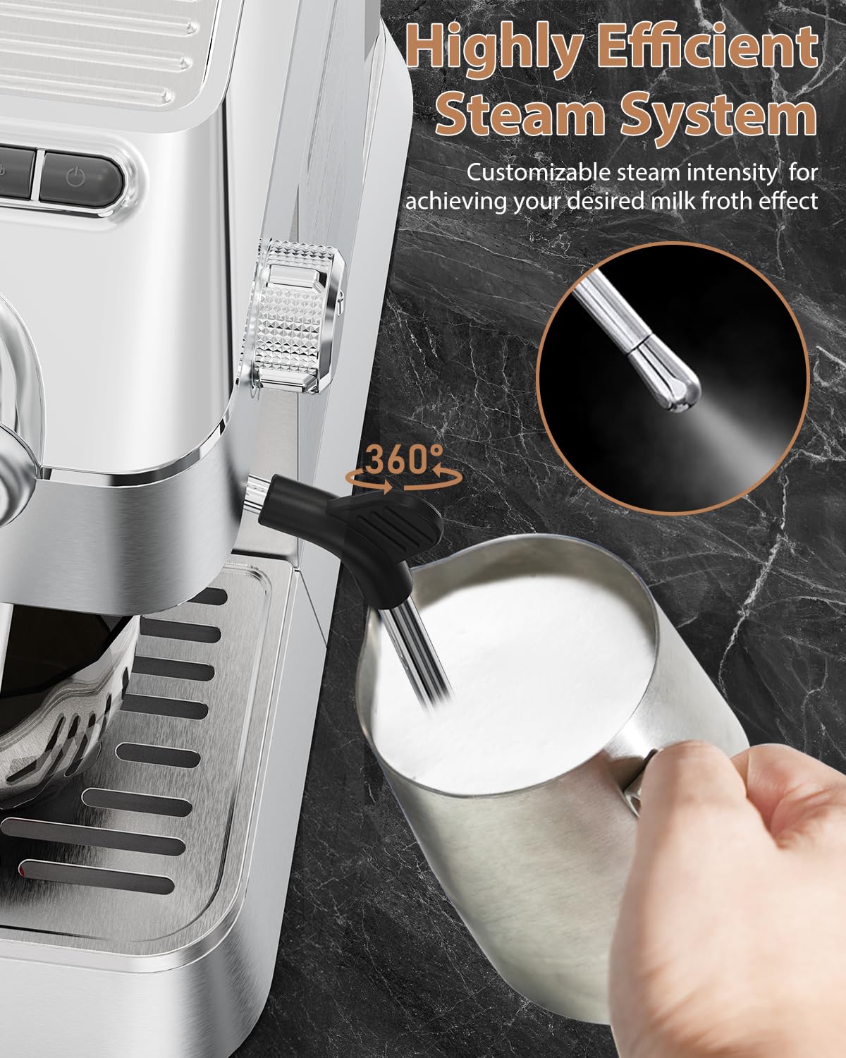 20 Bar ULKA Espresso Machine with NTC Temperature Control - Stainless Steel Coffee Maker for Cappuccino, Latte & Espresso - Includes Milk Frother Steam Wand & 42oz Detachable Water Tank - Perfect for Home Baristas & Coffee Lovers (Silver)
