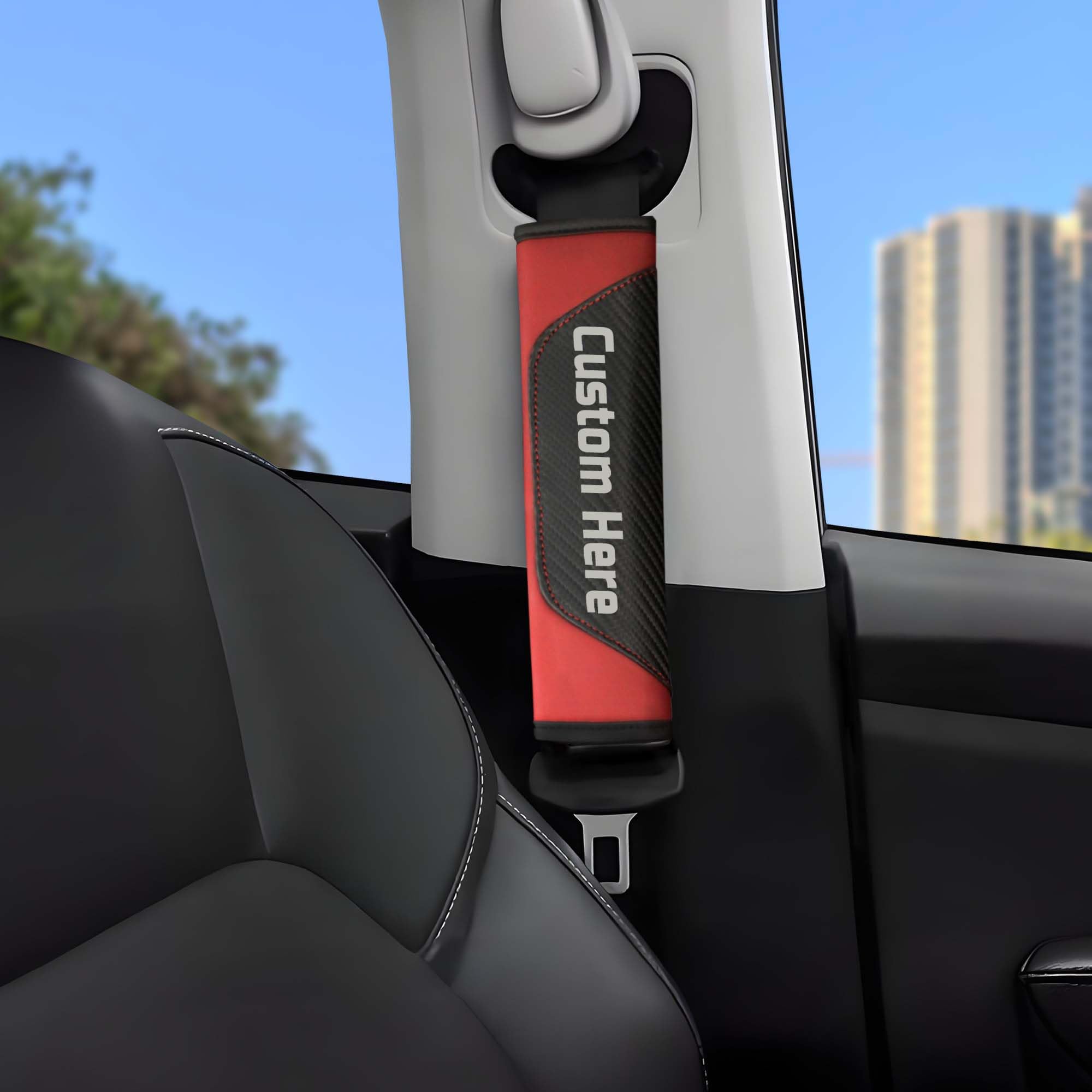 Premium Car Seat Belt Cushion Pad - Custom Text Carbon Fiber Seat Belt Cover - Comfortable Shoulder Protector for Long Drives & Road Trips - Perfect for Commuters, Travelers and Family Safety